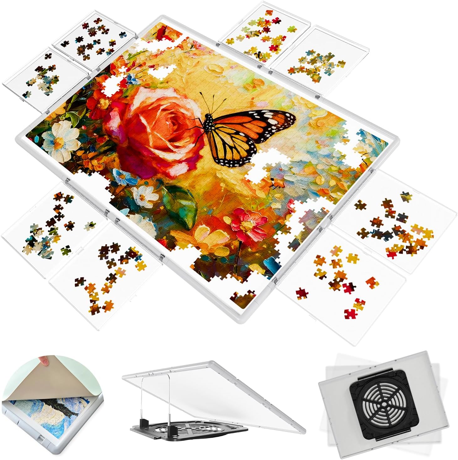 2000 Pieces Rotating Plastic Puzzle Board 3-in-1 Double-Sided/Tilting/Rotating, Portable Table 45.91"x32.48" Spinning Jigsaw Puzzle Table with Cover Lazy Susan Gift for Seniors Adults