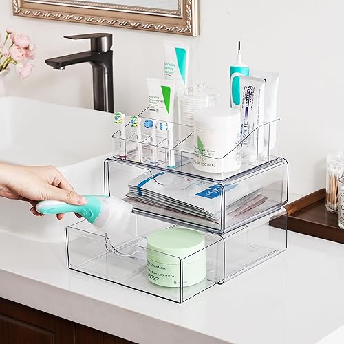 Miniatura 5 de Vtopmart Organizador de maquillaje transparente de 3 niveles con cajón, almacenamiento de cosméticos para tocador y tocador de baño, soporte de