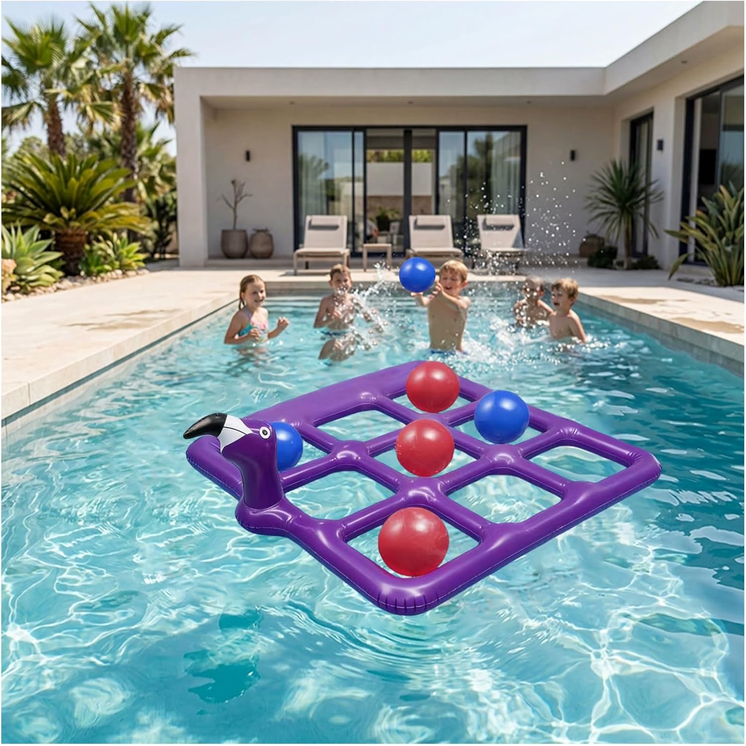 TicTac Shot Pool Toys Games Set 140 x 137 cm (55 x 53 inches), Cartoon Water Play Grid Inflatable Pool Toy with 10 Balls for Swimming Pool