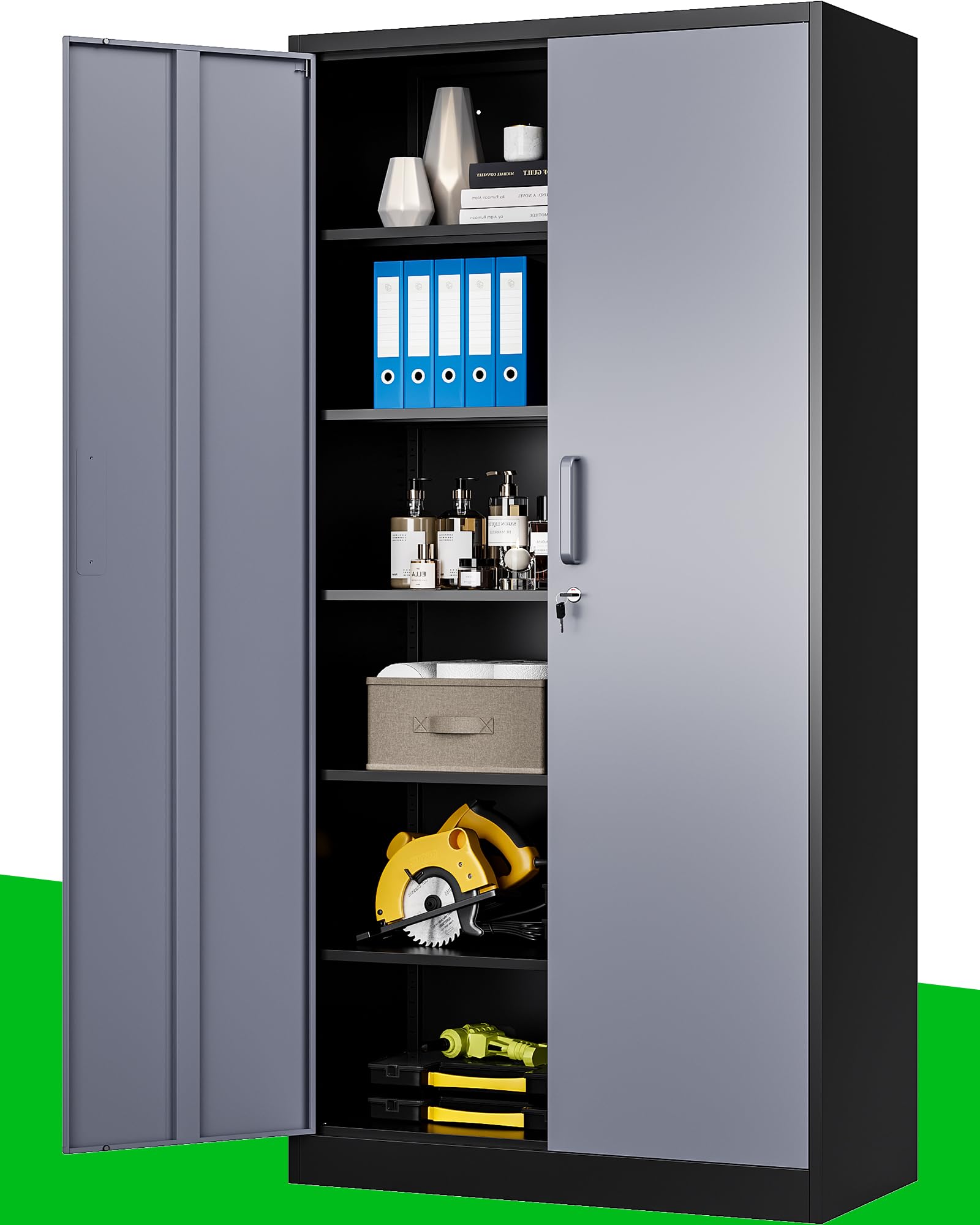 PEUKC Metal Storage Cabinet, 71 Inch Tall with Adjustable Shelves & Locking Doors, Tool Cabinets for Garage, Office, Home, School, Gym Storage (Grey