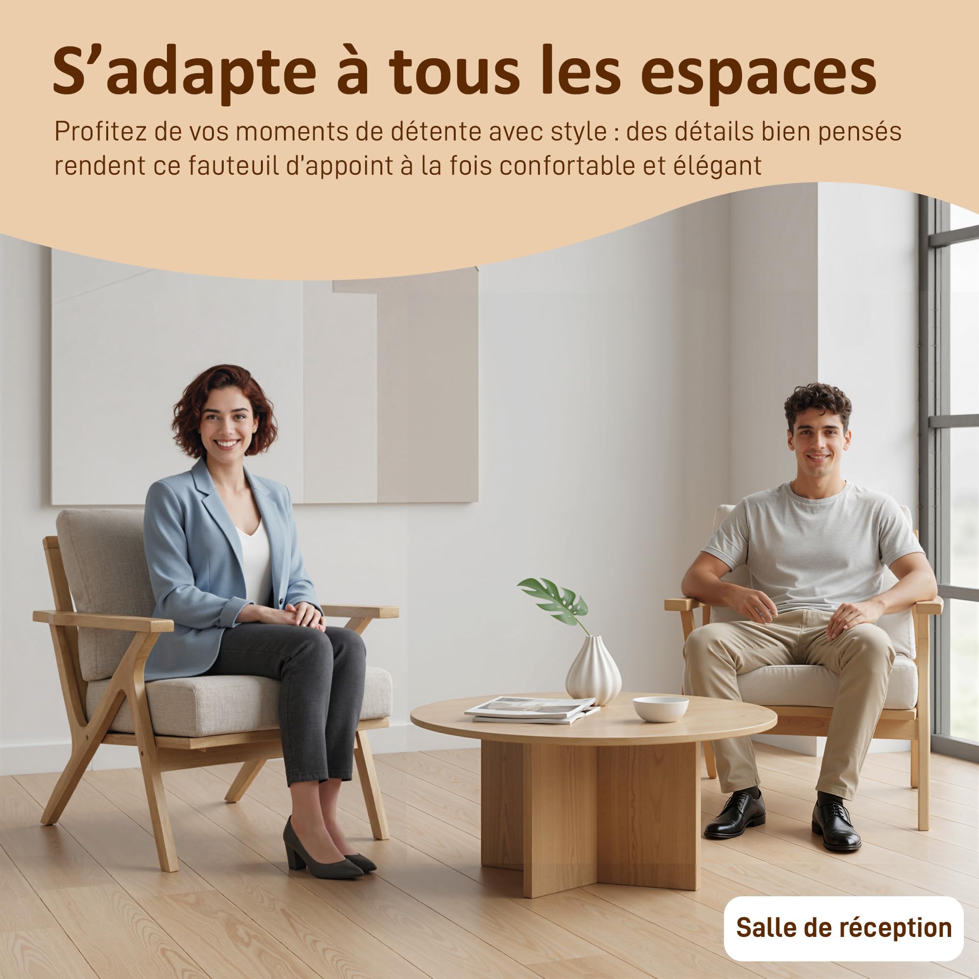 HOMCOM Wohnzimmersessel, skandinavischer Sessel aus Stoff in Leinenoptik mit dicken Kissen, gepolsterter Sitzfläche und Beinen aus Hevea-Holz, Wohnzimmerstuhl, Schlafzimmer, Leseecken, beige