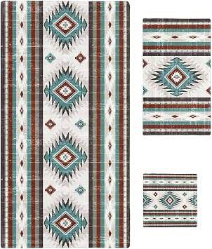 Bath Towel Sets, Farm Brown Bohemian Aztec Bathroom Towels Soft Hand Towel Washcloth Cotton Towel Set,Absorbent Soft Bath Set for Hotel Beach Pool Turquoise Ethnic Wind Towels
