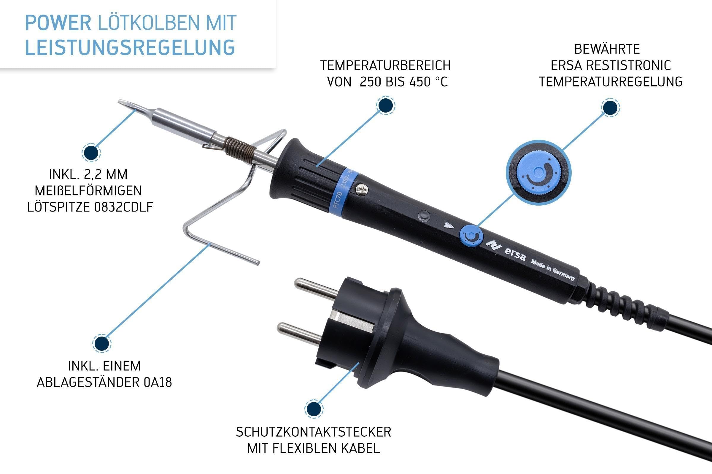 ERSA PTC70 Lötkolben 75W bis 450°C temperaturgeregelter Lötkolben 230V inkl. Ablageständer mit RESISTRONIC-Temperaturregelung – MADE IN GERMANY - 0710CD