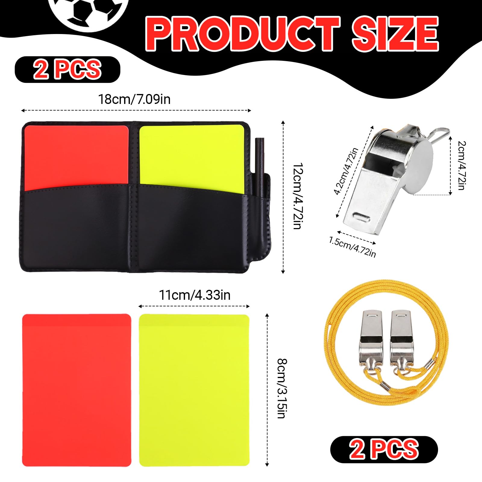 Kit de Árbitro de Fútbol con 4Tarjetas Roja y Amarilla, 2 Silbatos de Metal, 2 Lápiz y Cuaderno, Accesorios de Arbitraje Deportivo Profesional