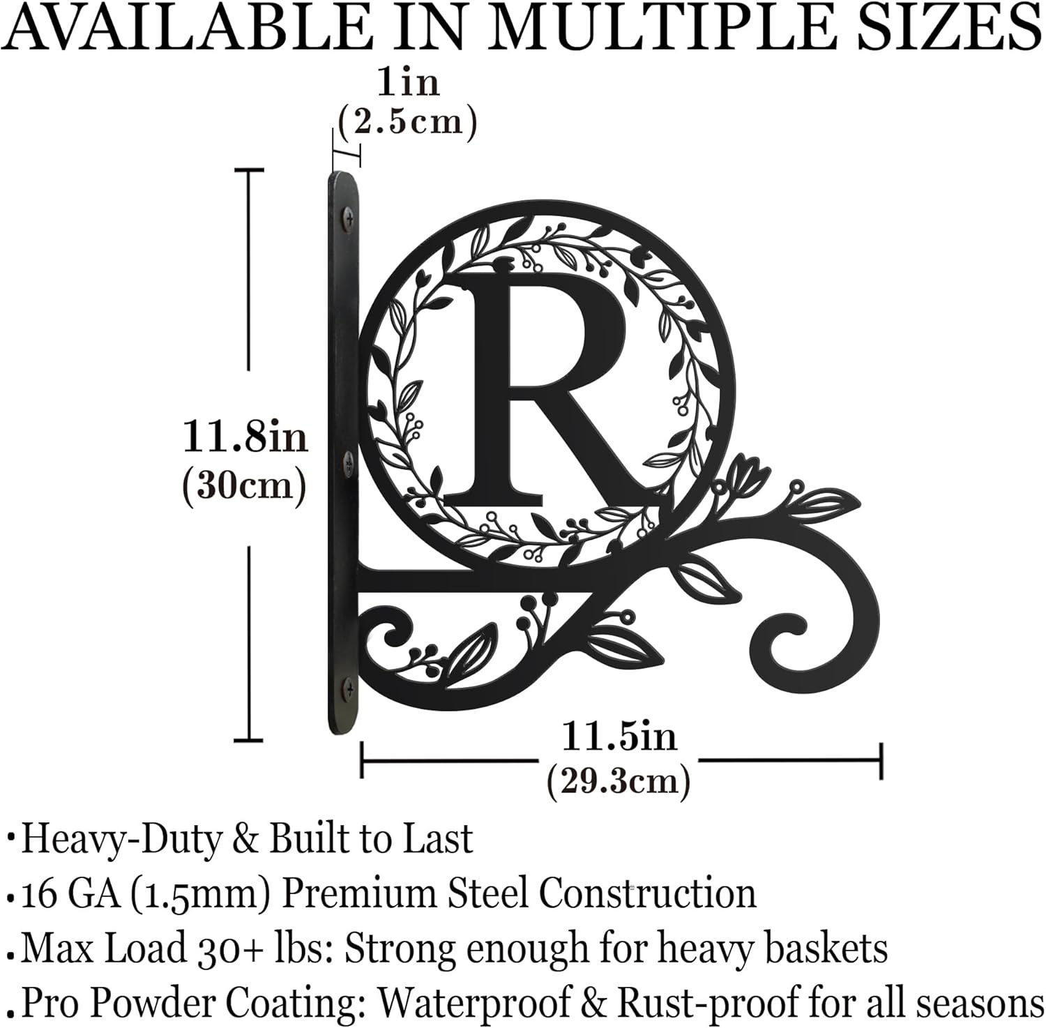 Metal Initial Letter R Plant Hanger Bracket, Decorative Wall Mount Hanging Plant Hook, Monogram Floral Leaf Garden Decor for Hanging Baskets, Bird Feeders, Lanterns, Wind Chimes