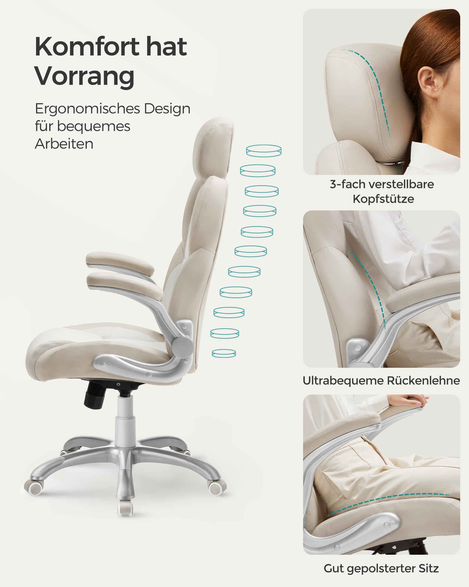 SONGMICS Bürostuhl, verstellbare Kopfstütze, Wippfunktion, höhenverstellbar