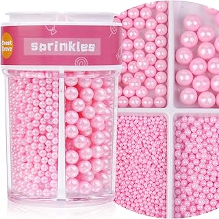 Pink Sprinkles for Cake Decorating, 7.8oz Edible Pearl Sprinkles, Sugar Candy Pearls for Baking, Cookie Decorations & Cupcake Topper, Wedding Party Valentines Supplies (Pink, 4 Sizes)