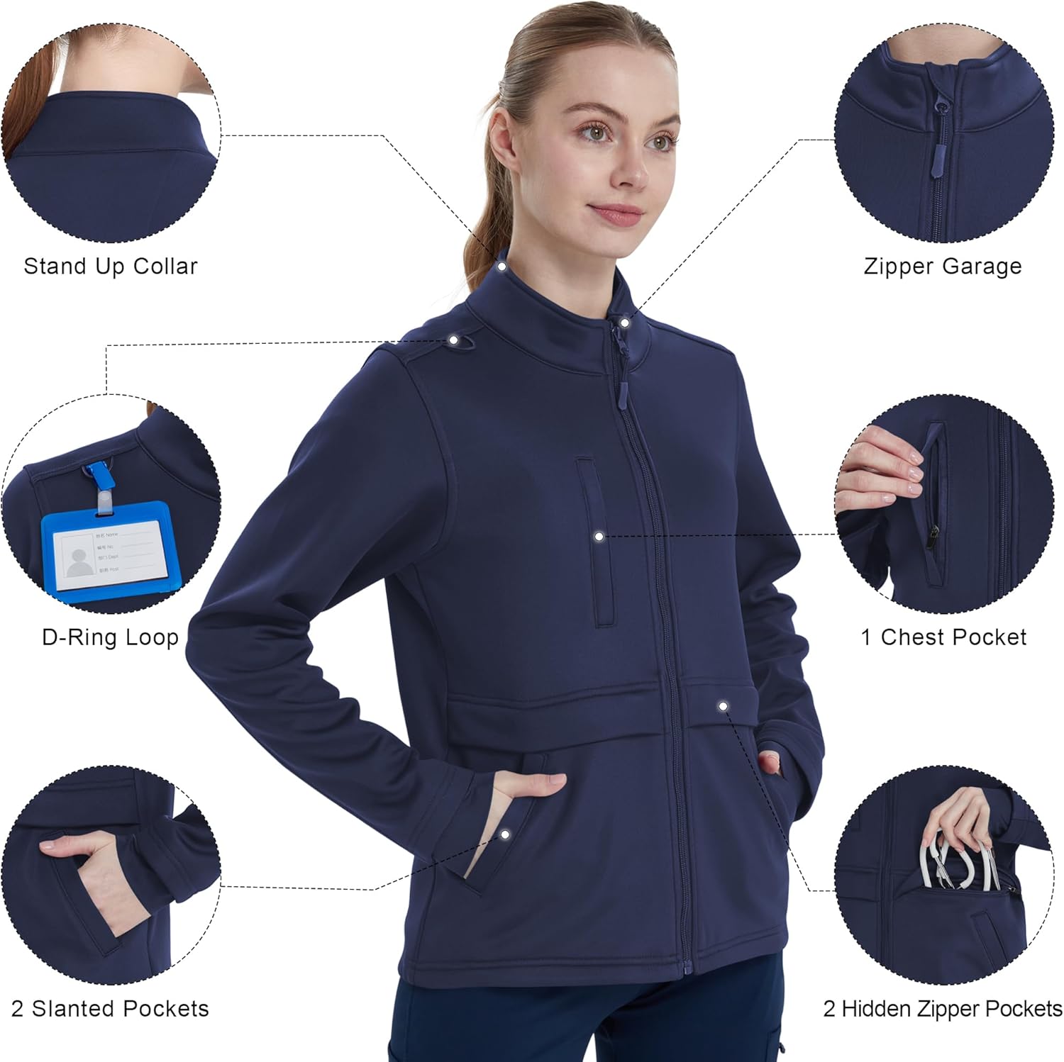 QBK Women's Heavyweight Bonded Fleece Scrub Jacket, Warm Modern Fit Zip-up Front Uniform Coat with 5 Pockets