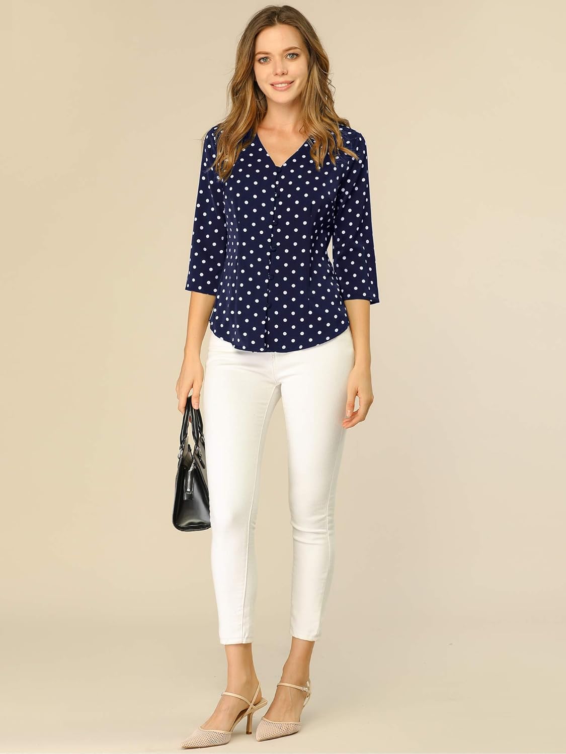 Allegra K Women's Vintage Polka Dots 3/4 Sleeve Button Front V Neck Casual Office Blouse Top - Image 2