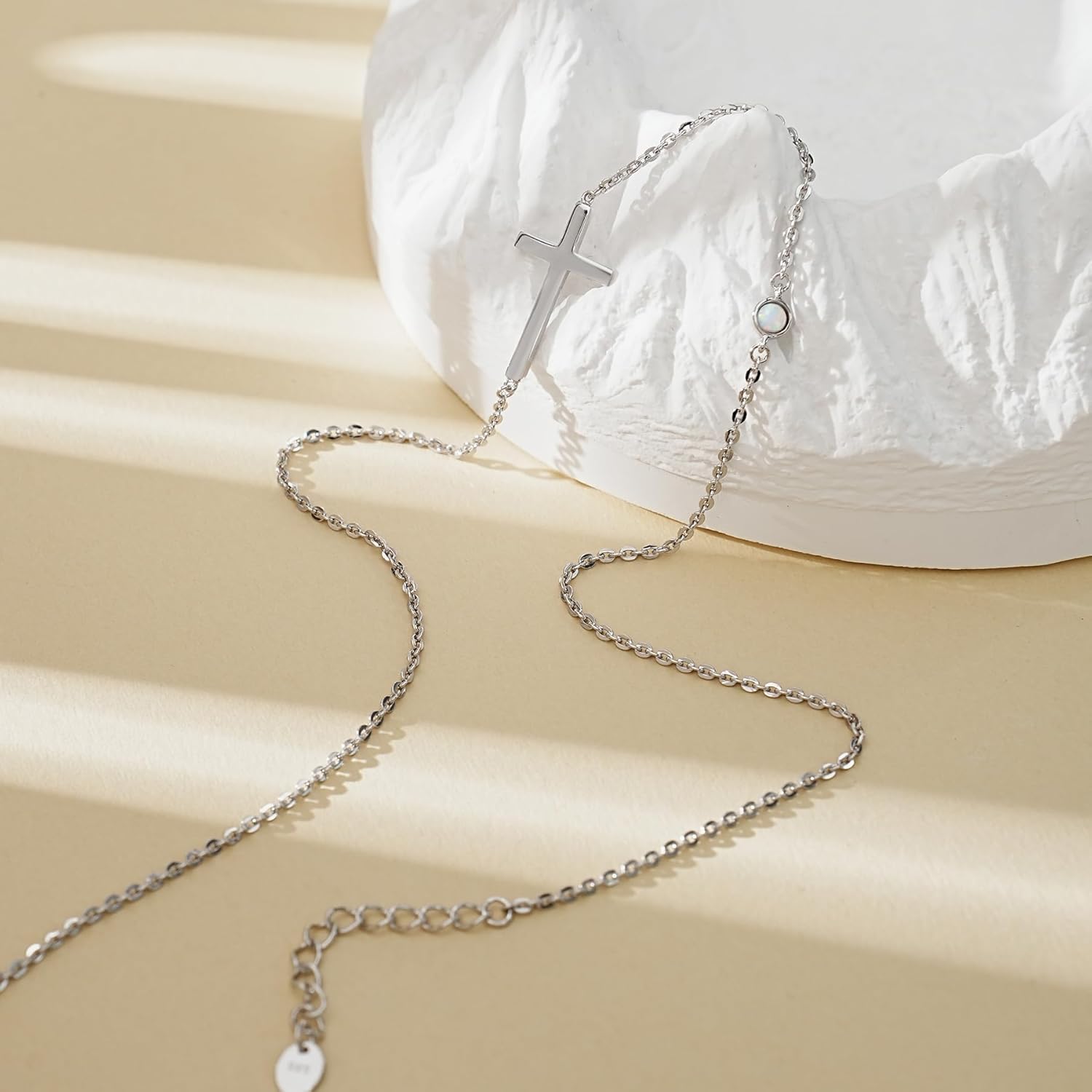 CHIC & ARTSY 925 Sterling Silver Sideways Cross Necklace for Women Religious Faith Gifts For Her - Created Opal - 18" with 2" Extender - Image 3