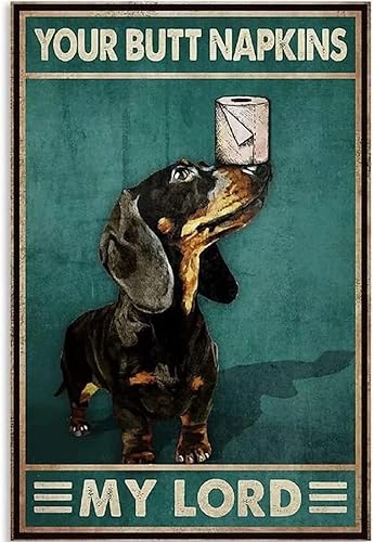 Cartel de metal con diseño de perro salchicha y papel higiénico, divertido póster para cafetería, sala de estar, cocina, baño, decoración de pared,