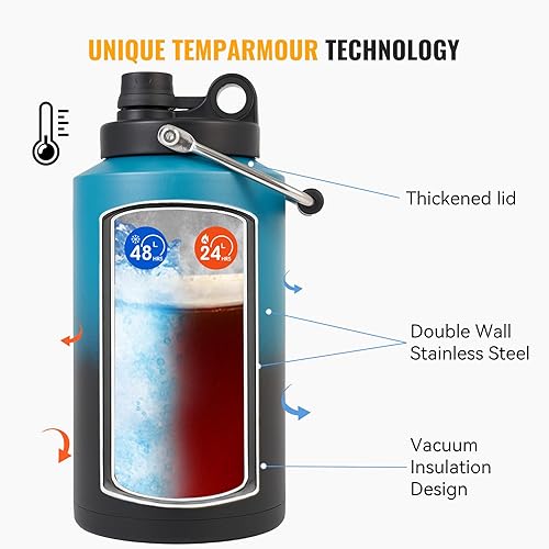 Miniatura 4 de Kerilyn Jarra aislada de un galón con asa, 1 galón, acero inoxidable de 128 onzas, botella de agua grande de doble vacío para bebidas calientes y