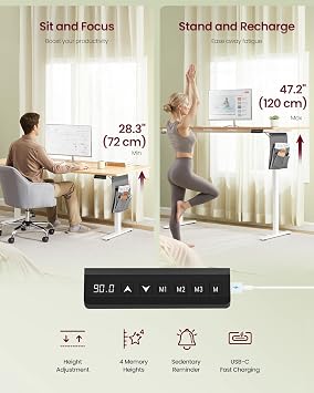 VASAGLE Electric Standing Desk, Height Adjustable Desk, 180 x 80 cm, Continuous Adjustment, Spliced Desktop, 4 Memory Heights, USB-Port, Golden Oak LSD138YA02