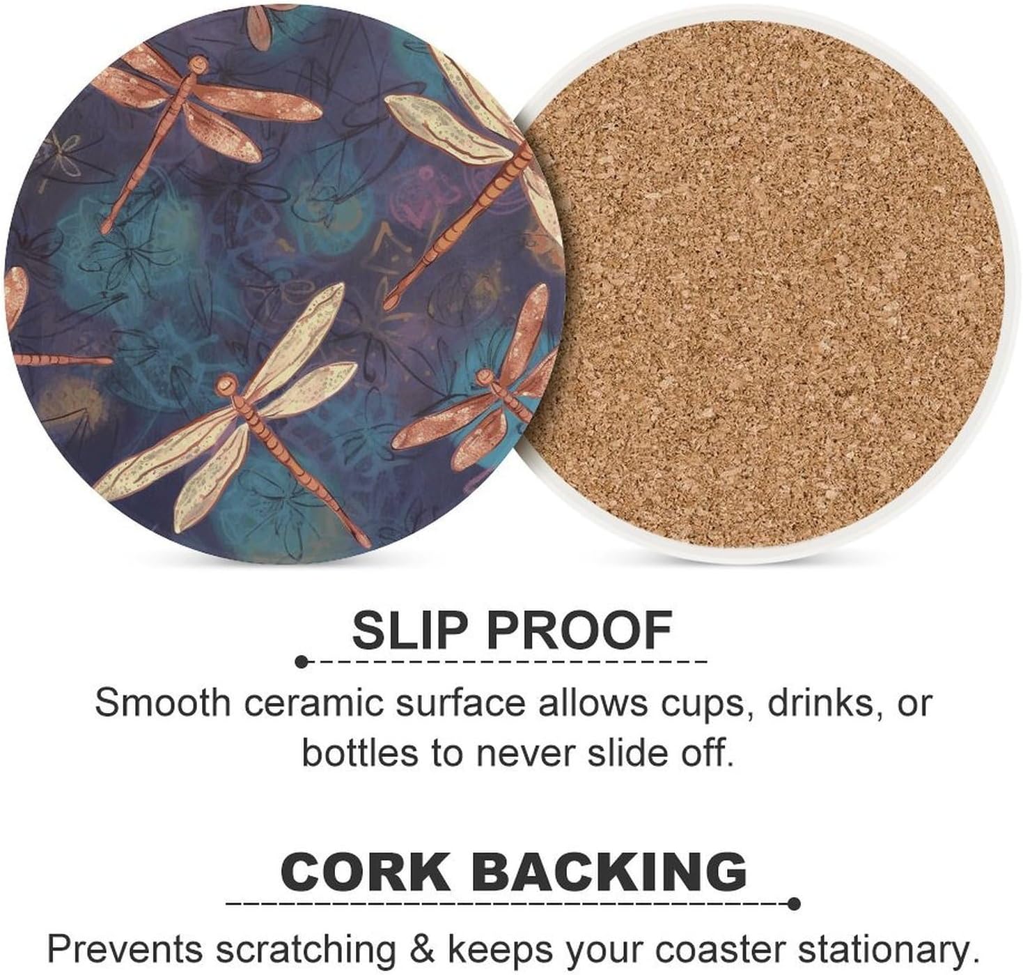 Hand Painted Dragonfly Coaster with Cork Base Drink Coasters for Coffee Table Decor Modern Cup Coasters with Non-Slip & Heat-Resistant Cute Ceramic Table Coaster for Home Dining
