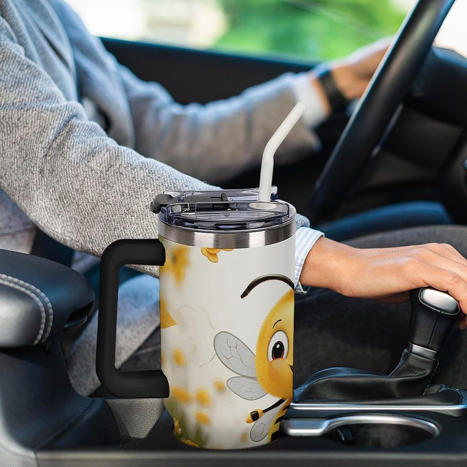 40 Oz Tumbler with Straw And Lid Cute Bees Daisy Flower Insulated Travel Coffee Mug Stainless Steel Water Bottle Vacuum Insulated Tumblers for Sport Work Car Travel Weekends