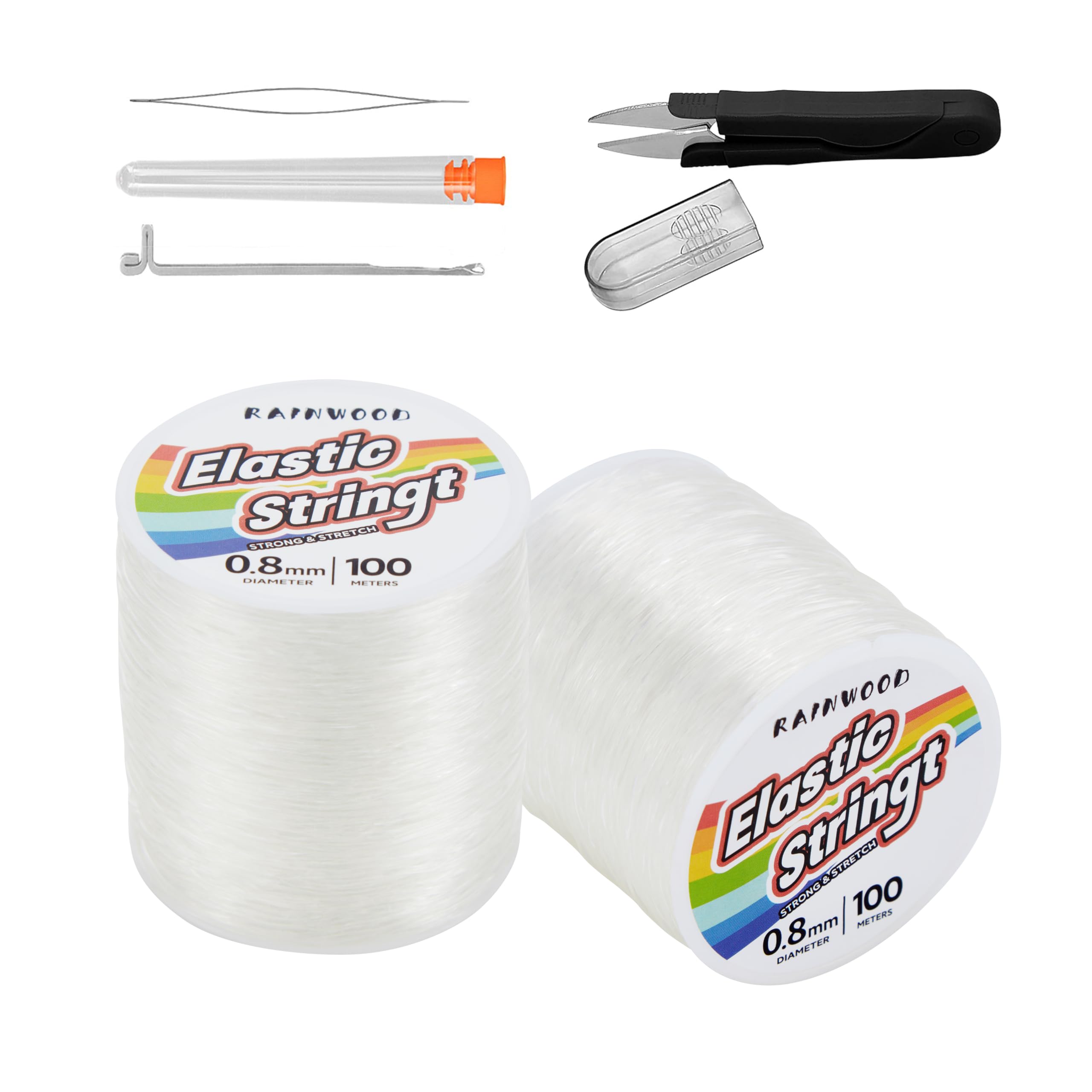 Elastic Bracelet String Cord Kit: 2 Rolls of 200m (0.8mm) Clear Beaded Stretch Cord with Tools