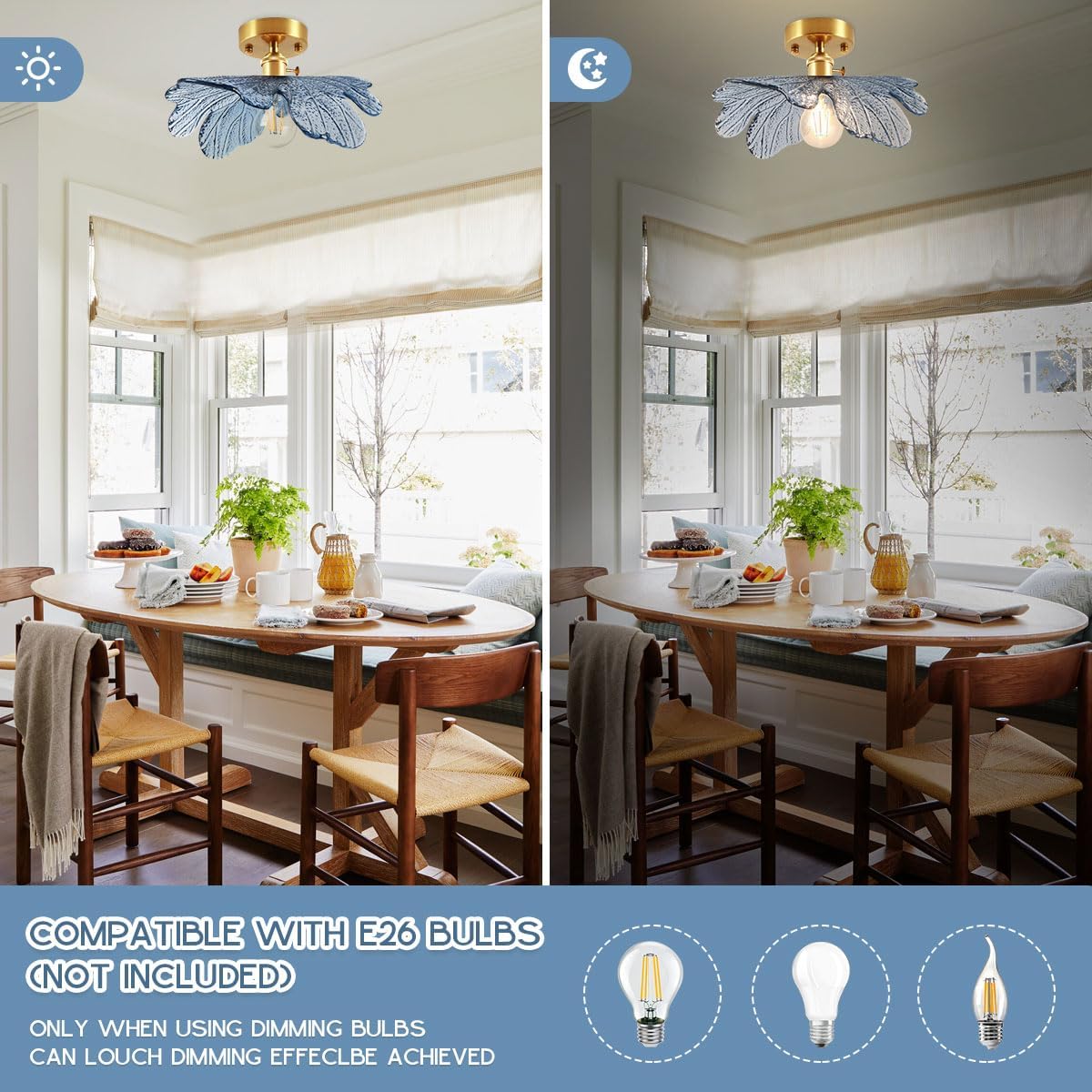 Glass Flush Mount Ceiling Light, Mid Century Modern Ceiling Light Fixtures with Blue Flower Shade Gold Brass Ceiling Lamp Vintage Semi Flush Mount Ceiling Light for Hallway Bedroom