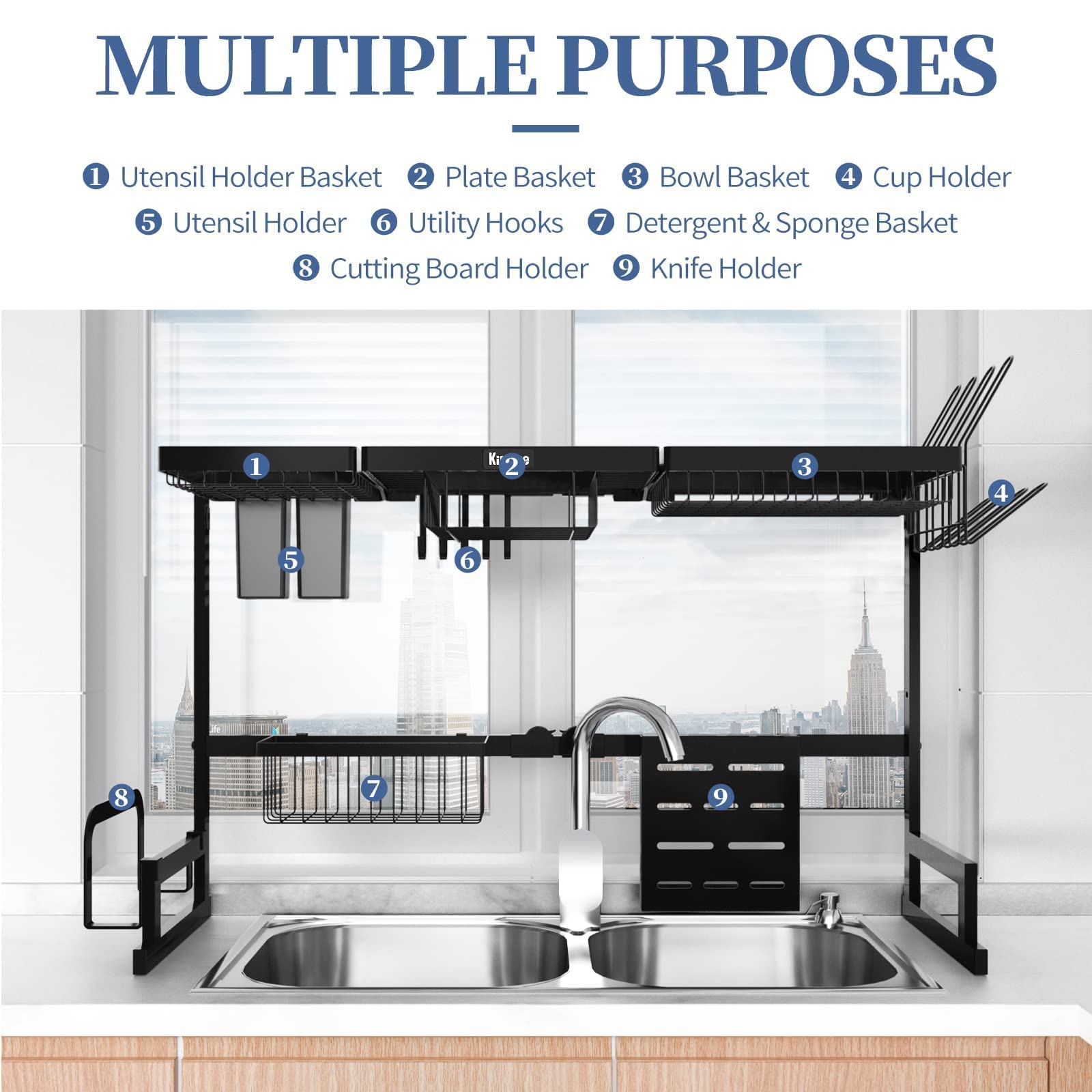 Kitsure OverTheSink Dish Drying Rack 2Tier with Adjustable Length
