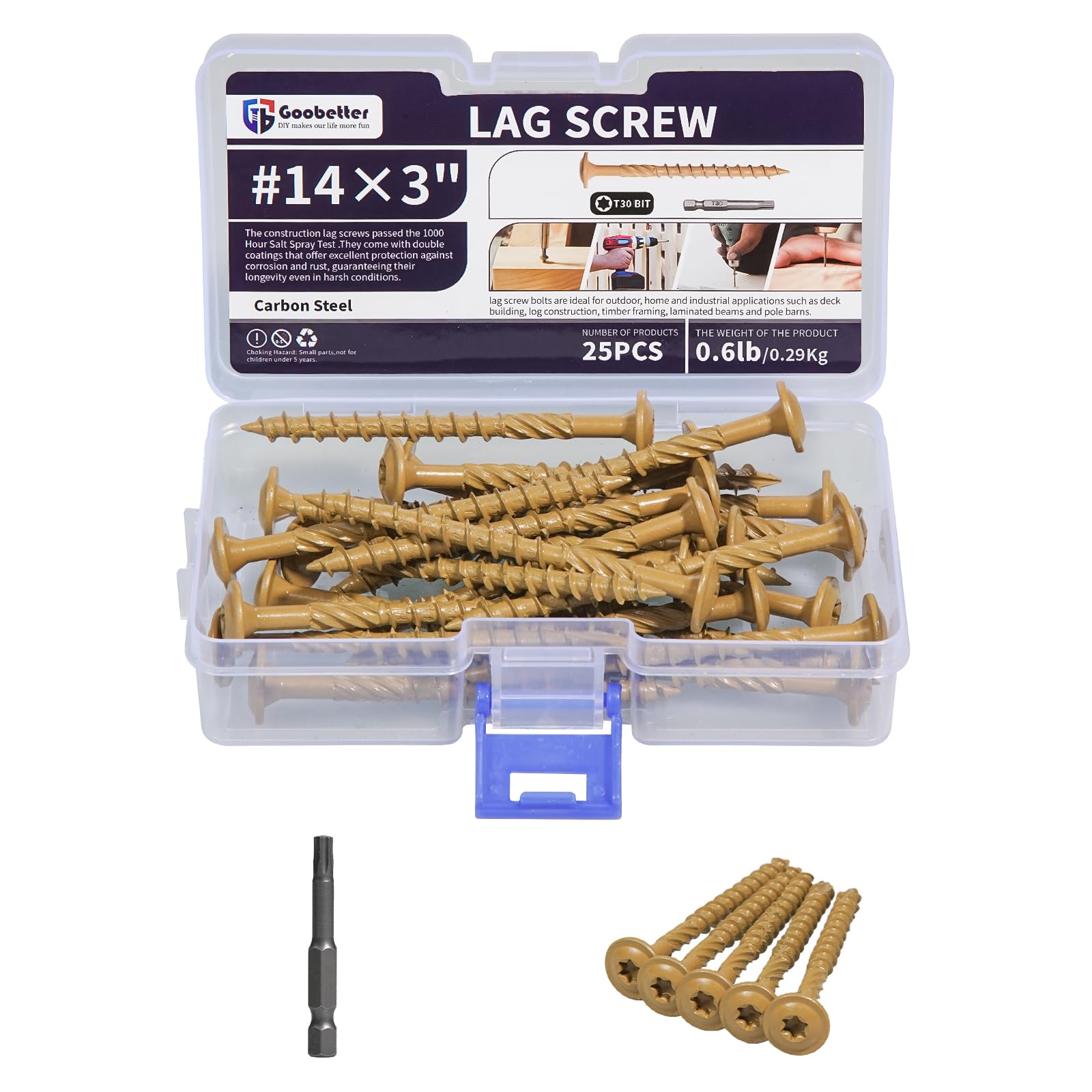 Lag Screws 3 Inch, 25PCS Heavy Duty Construction Screw, Structural Wood Screw #14 x 3, Rust Resistant, Washer Head, Yellow Coated Exterior Wood/Lag