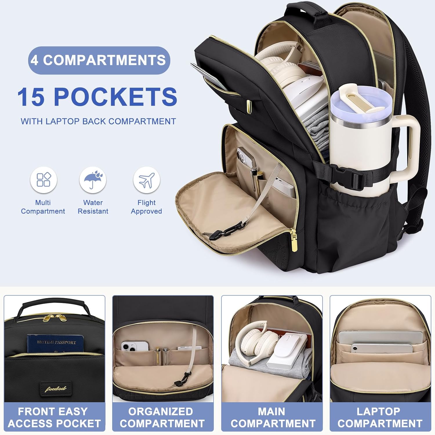 Focdod Laptop Backpack for Women Bookbag: 15.6 inch Work Backpacks with Pouch Pocket for Large Capacity Cup & USB Charger College Book Bag Travel Business Nurse Teacher Bookbags Anti-theft Back Pack