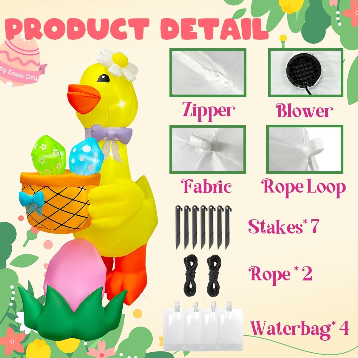 6FT Easter Inflatable Goose with Basket and Egg Decorations, Built-in LED Lighted Blow Up Decoration for Home, Yard, Outdoor, Indoor, Garden, Lawn Decor