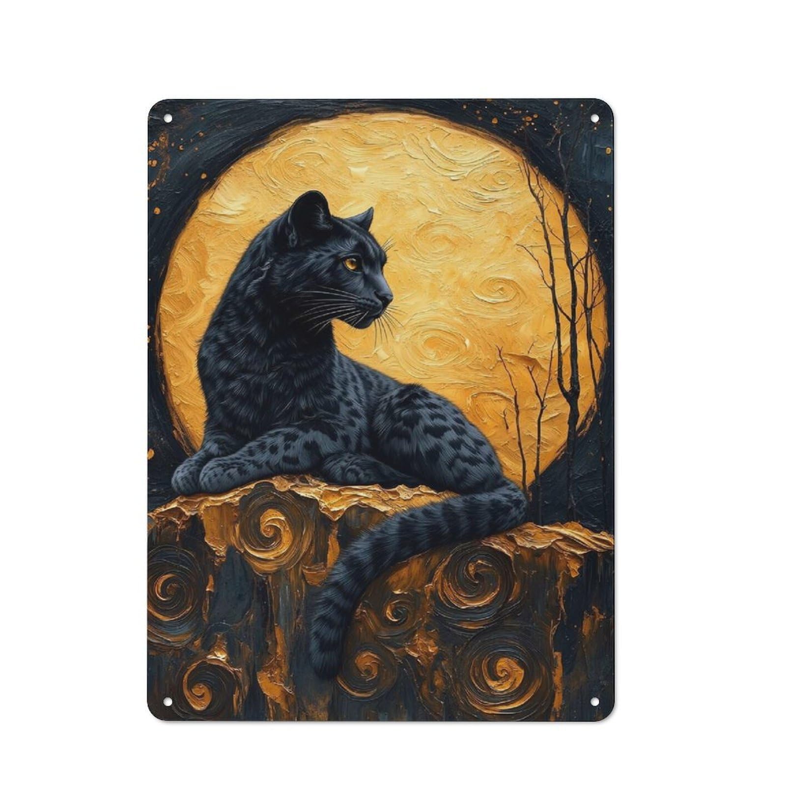 Junmoney Style-7 Workshop Style Black Panther And Golden Moon Art Tin Sign 40X30cm, Workshop Wall Decor For Tool Room, Garage, Studio Or Home Bar
