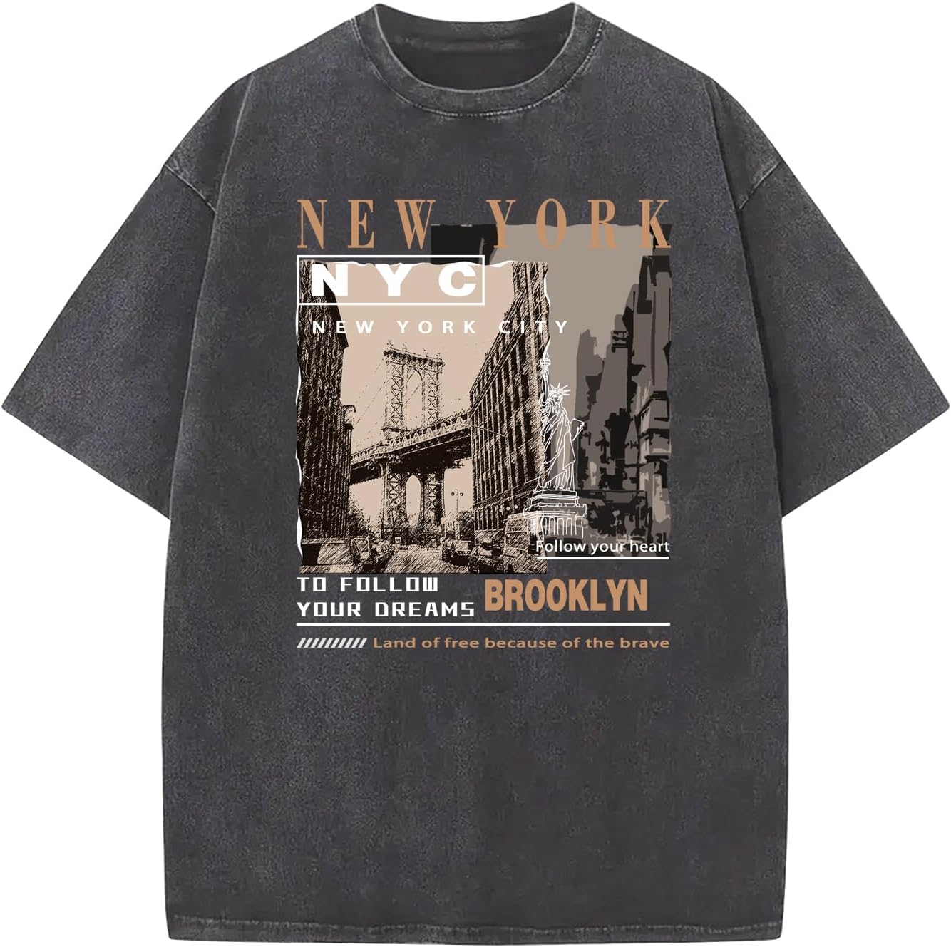 Oversized Graphic T-Shirt for Men New York Los Angeles Vintage Acid Wash Cotton Tees Streetwear Casual Tee Top
