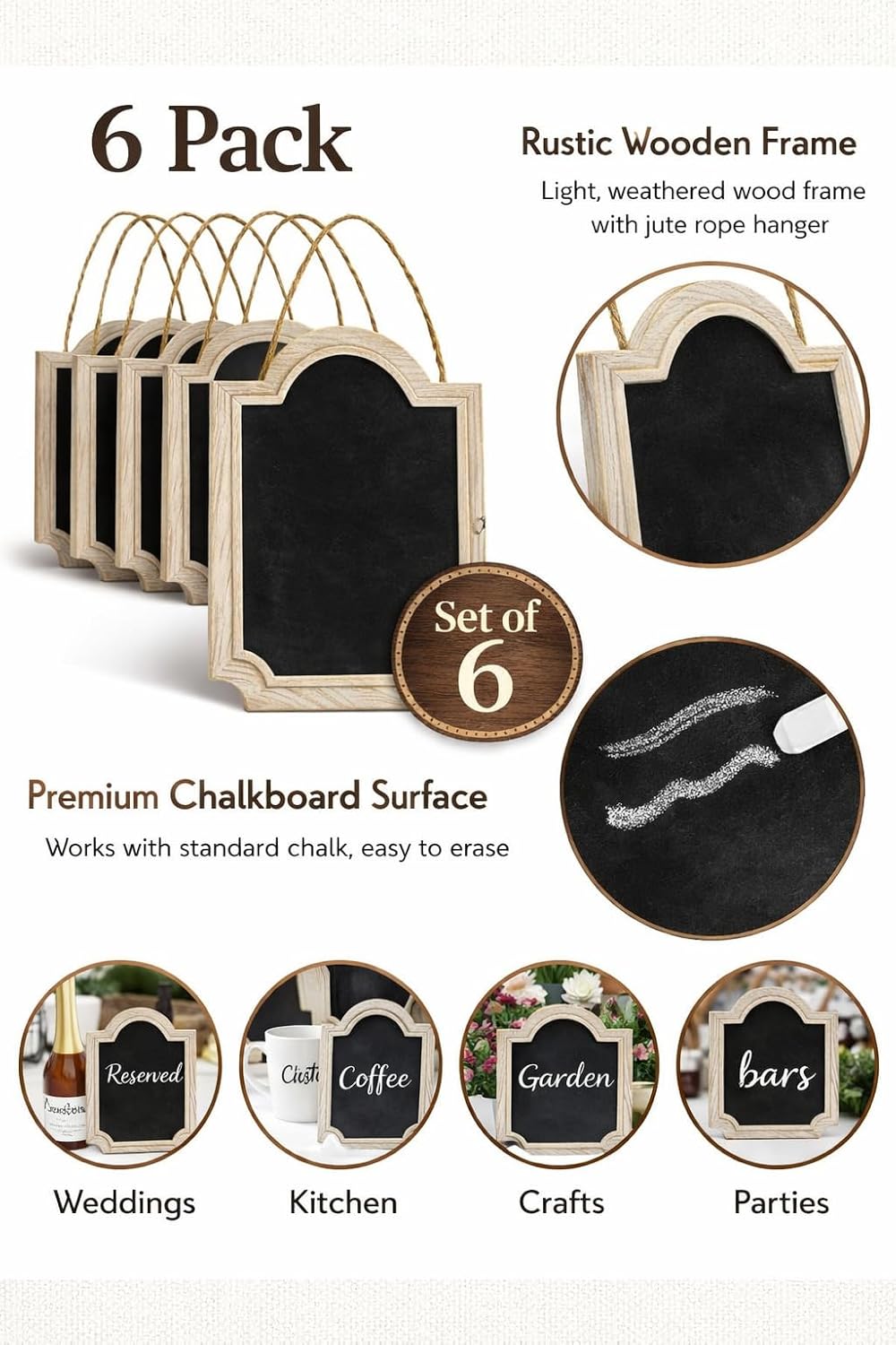 Oojami 6 Pack Rustic Mini Chalkboard Signs with Hanging String, 11.5 x 8 Inch Reusable Wood Framed Chalk Board for Weddings, Kitchen, Restaurants, Parties, Table Numbers, Events