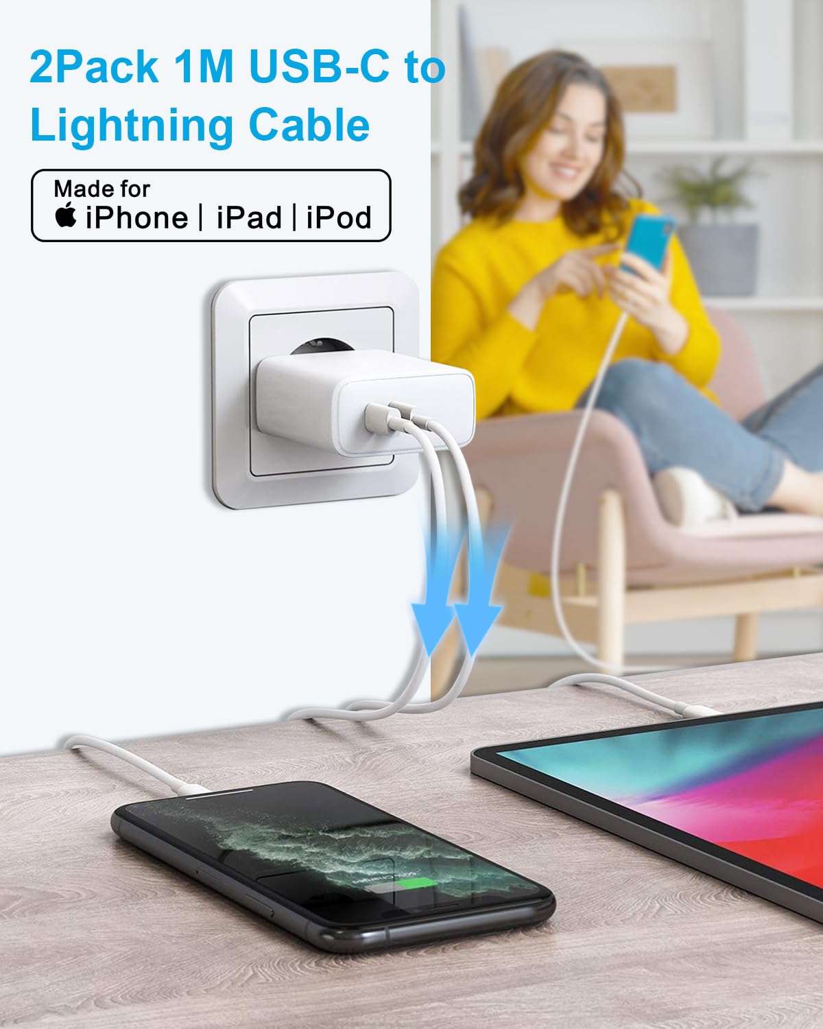 Image secondaire de Lot de 2 Câbles USB C vers Lightning 1M - Charge Rapide Certifié MFi
