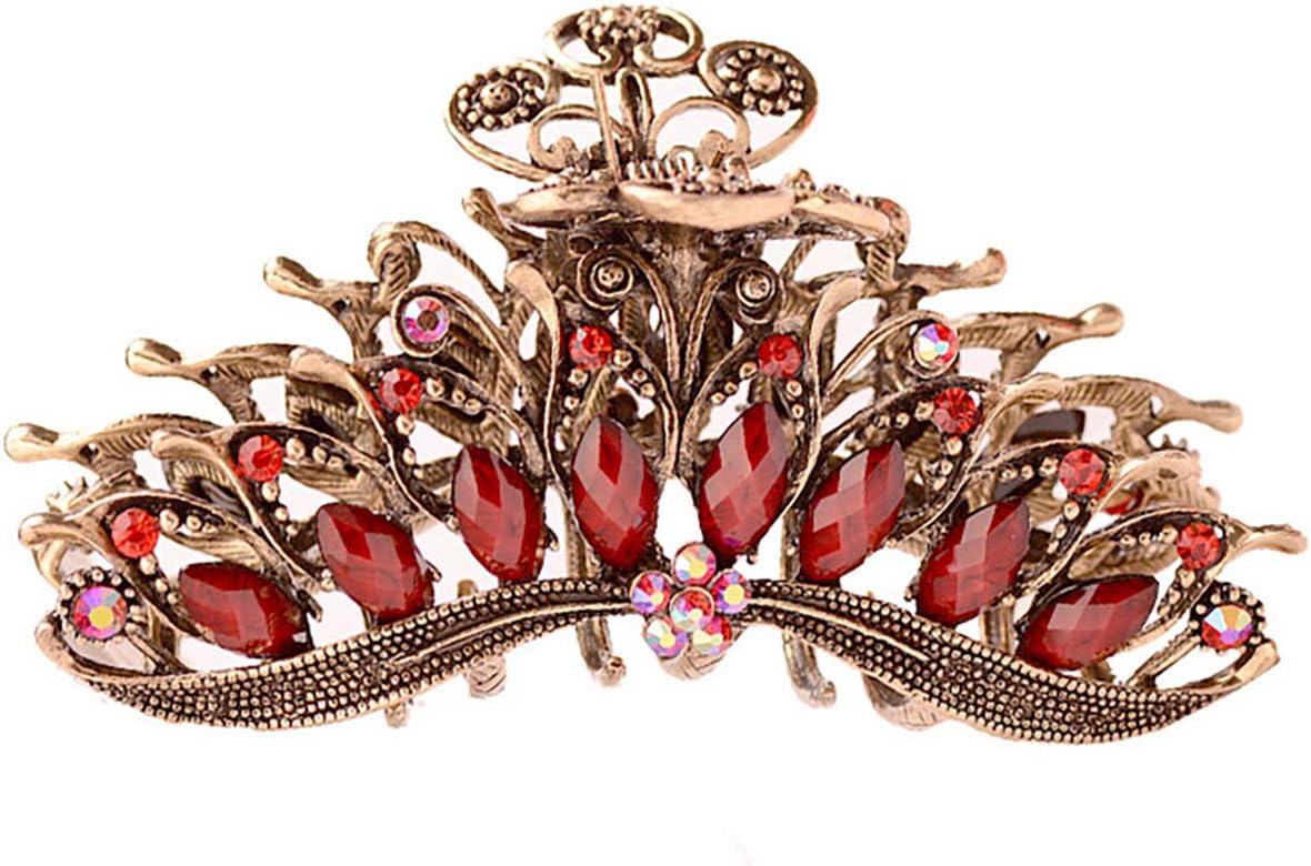 Fodattm Women Lady Girls Retro Flowers Hair Claw Clip Large Hair Updo Grip Bath Accessories for Thick Hair Vintage Alloy Rhinestone Non-Slip Hair Jaw Clips Hairpin Fancy Hair Clamp (Red)