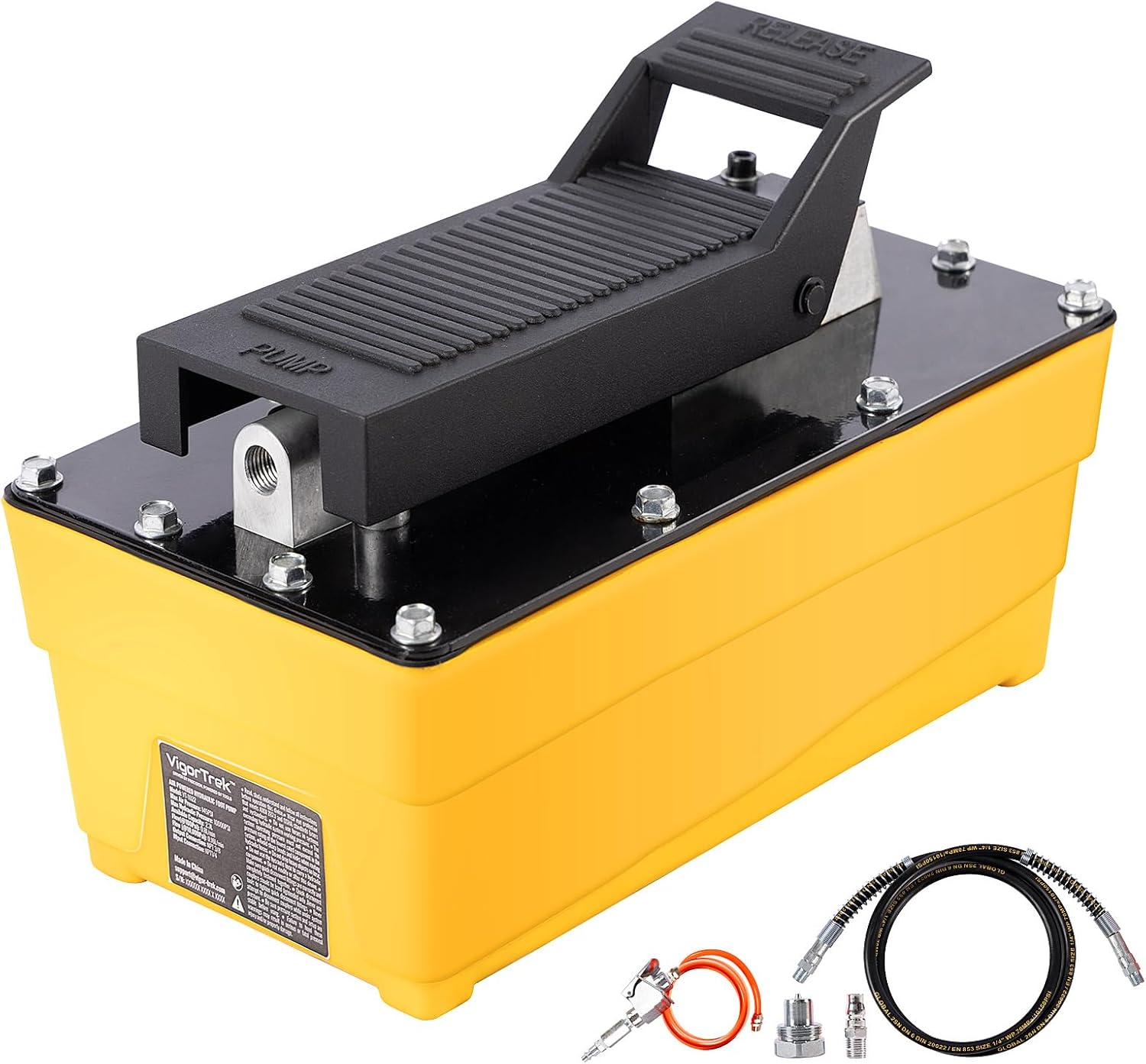 Air Hydraulic Pump, 10,000 PSI, 0.6 Gal Foot Padel Hydraulic Pumps with 6.6 ft Hose and Spray Gun, NPT 3/8" Outlet & 1/4" Inlet, Yellow