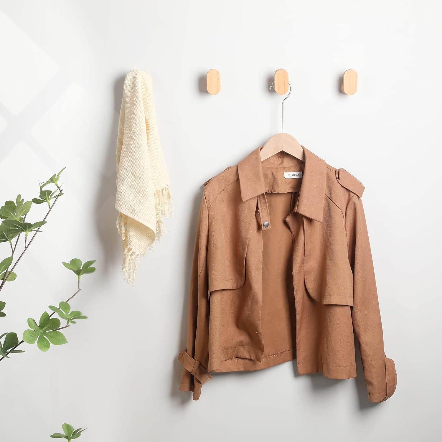 Wood Wall Hooks, 6 Pack Modern Minimalist Wood Hooks Wall Mounted, Natural Wooden Wall Coat Hook Rack, Wooden pegs for Hanging Hat, Towel, Robe, Bag