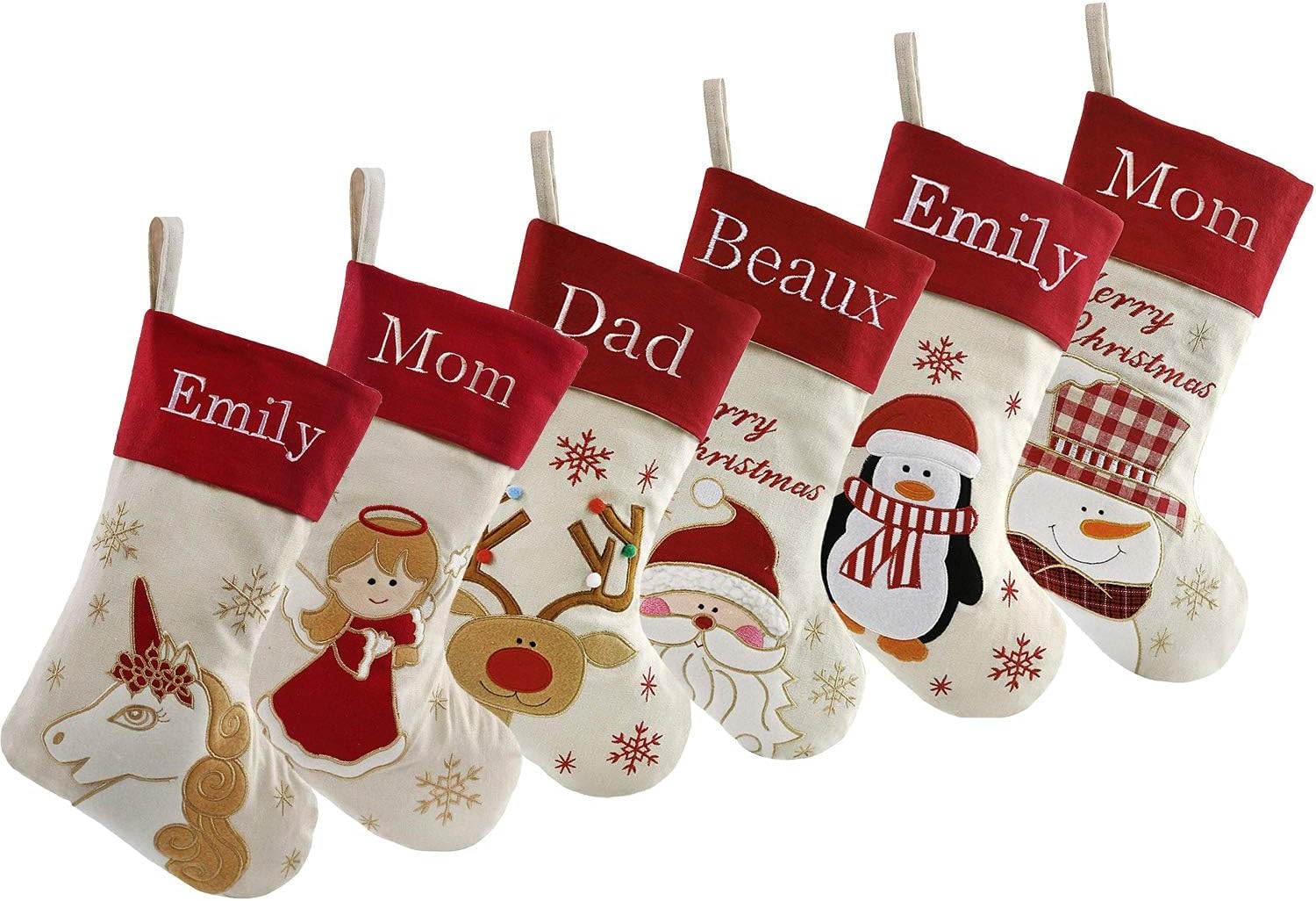Set of 6, 18" Personalized Christmas Stockings with Exquisite Embroidery Names, Santa,Snowman,Deer,Penguin, Angel,Unicorn Characters,Quality Linen Stockings for Family Decor