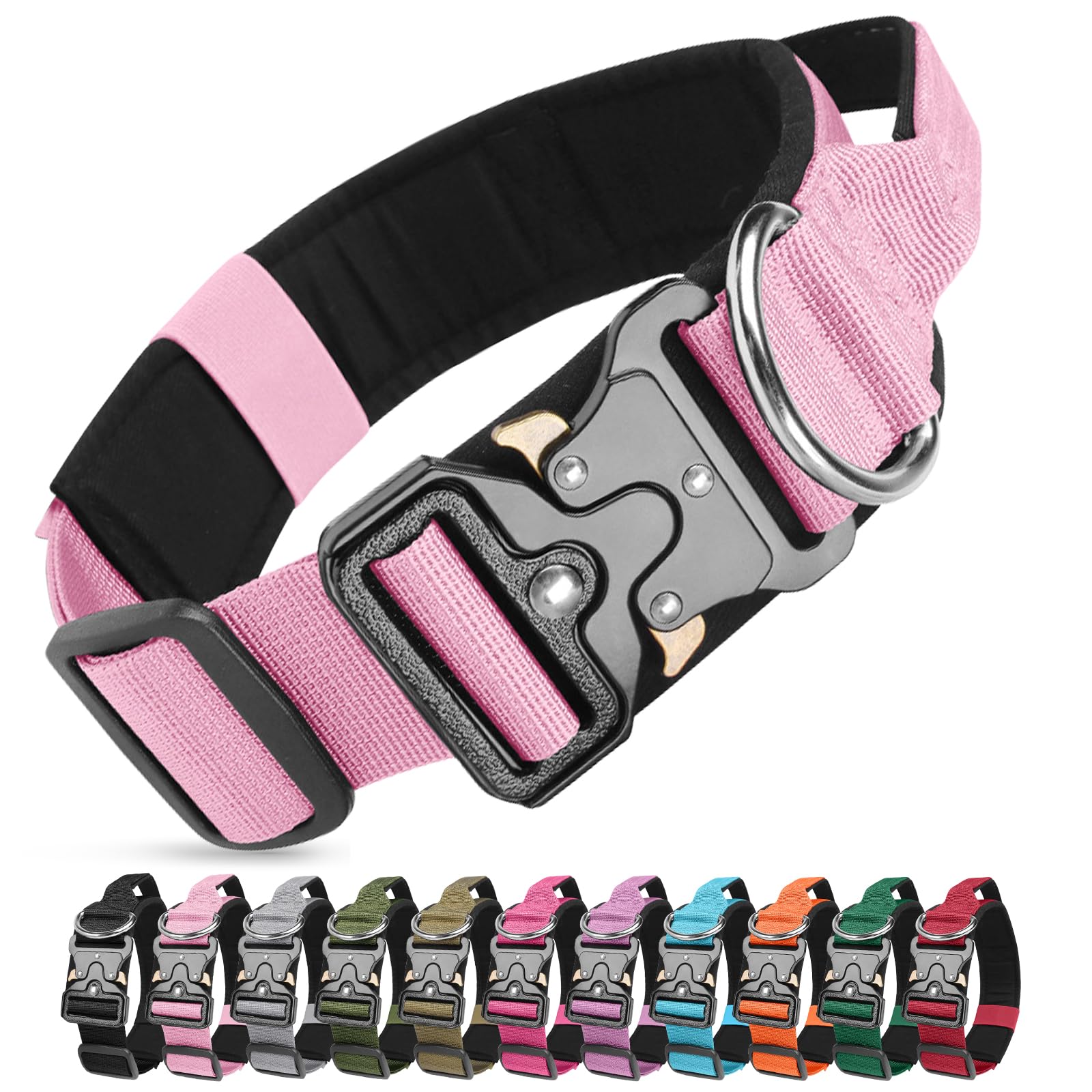 Ledeak Tactical Dog Collar, Military Nylon Adjustable Training Dog Collar with Heavy Duty Metal Buckle, Comfortable Pet Collars with Handle and Soft Padded for Medium Large Dogs (Pink, XL) — image 1