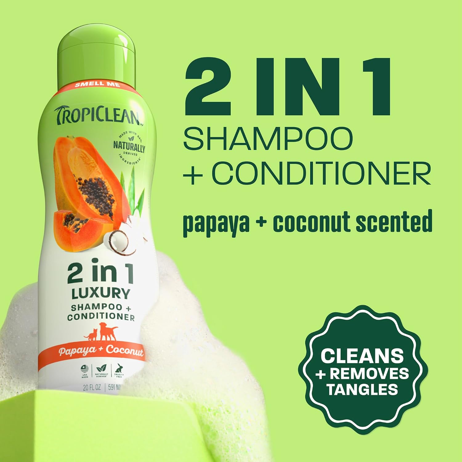 TropiClean 2-in-1 Dog Shampoo and Conditioner, Professional Dog Shampoo, Moisturizing Detangler, Puppy Safe, Made in USA, Papaya Scent, 2.5 Gallon