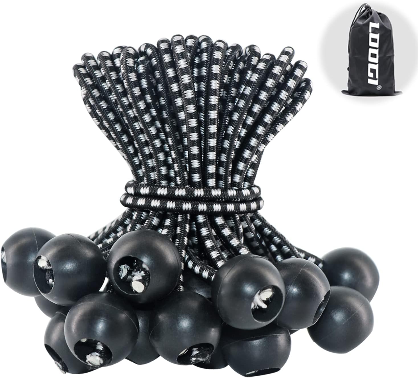 LOOGI Bungee Cord with Balls, 50Pcs 4 Inch Black Bungee Ball Cords