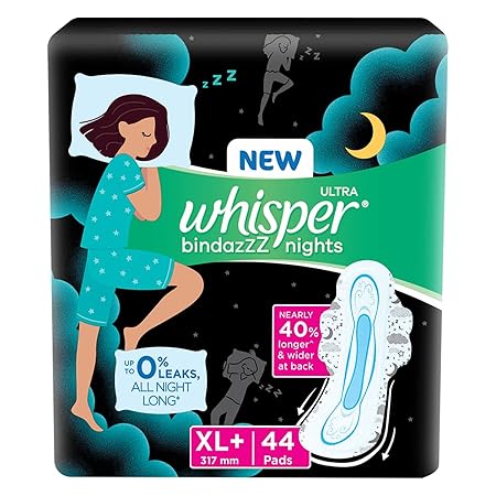 Whisper Bindazzz Night Sanitary Pads|Pack of 44 thin Pads|XL+|upto 0% Leaks|40% Longer & Wider back|Dry top sheet|Long lasting coverage|Faster absorption|31.7 cm Long|With disposable wrap