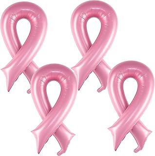 JazSwirl Breast Cancer Awareness Balloons, 4-Pack 42in Large Pink Ribbon Foil Balloon Breast Cancer Balloons for Breast Cancer Awareness Month, Fundraisers and Survivor Events