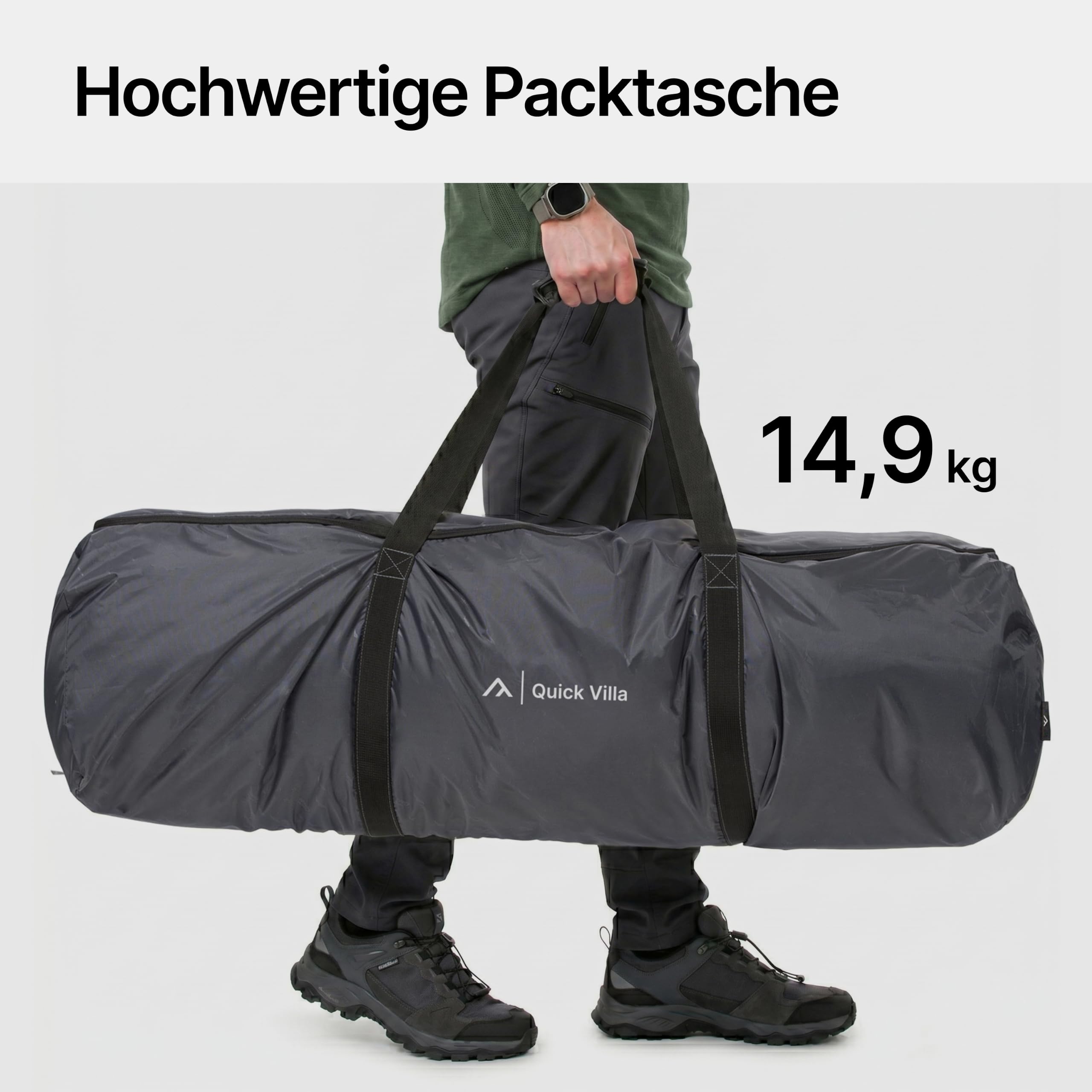qeedo Quick Villa Familienzelt (für 4 oder 5 Personen) mit Quick-Up Schnellaufbau-System - Wasserdichtes Campingzelt, extra groß, hoch & geräumig, mit Vordach, Eingang & Fenster mit Mesh-Moskitonetz