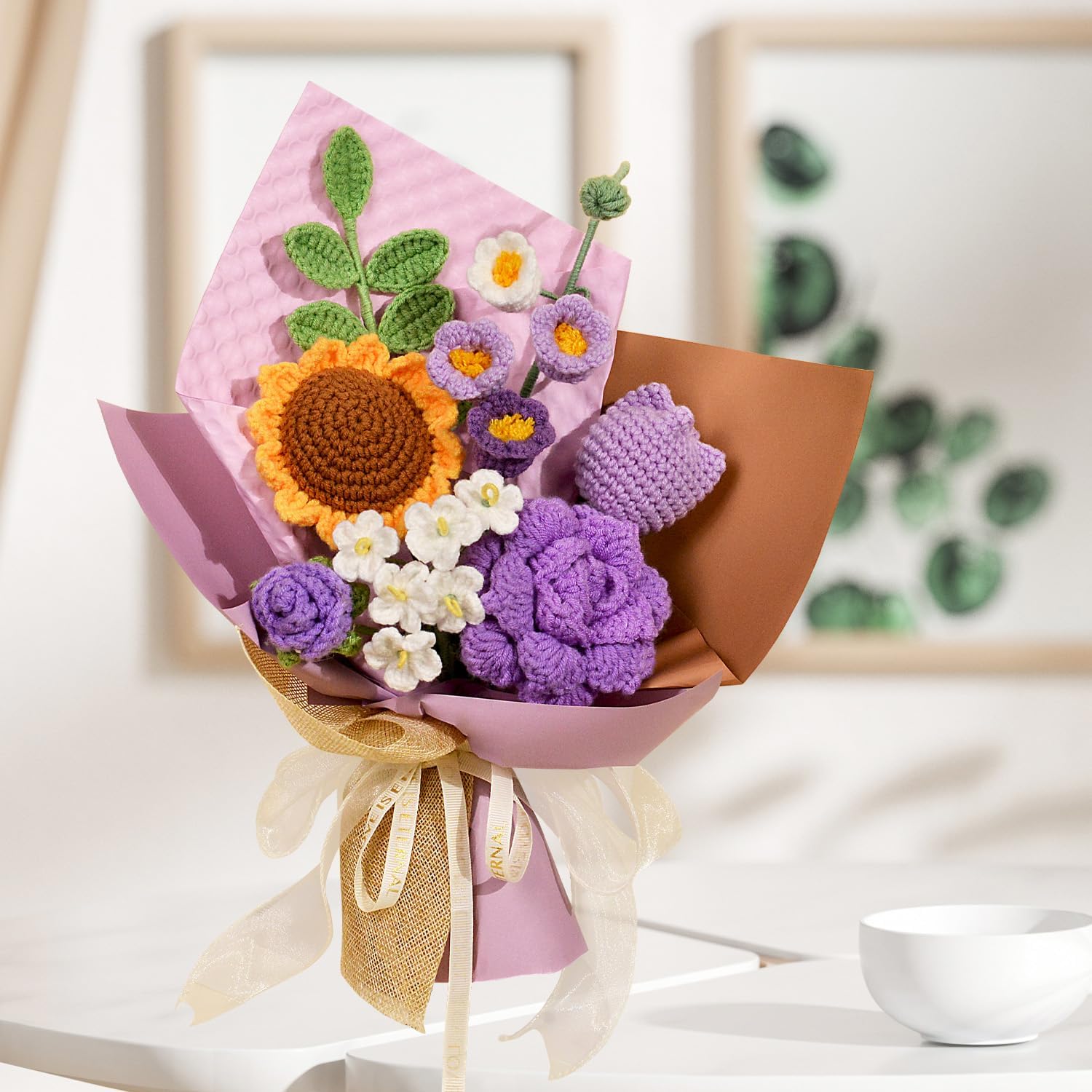 Crochet Flower Bouquet - Crochet Sunflowers, Roses, Tulips, Knitted Flowers for Mother's Day, Graduation, Birthday, Home Décor, Gifts for Mom, Teacher, Friend, Purple