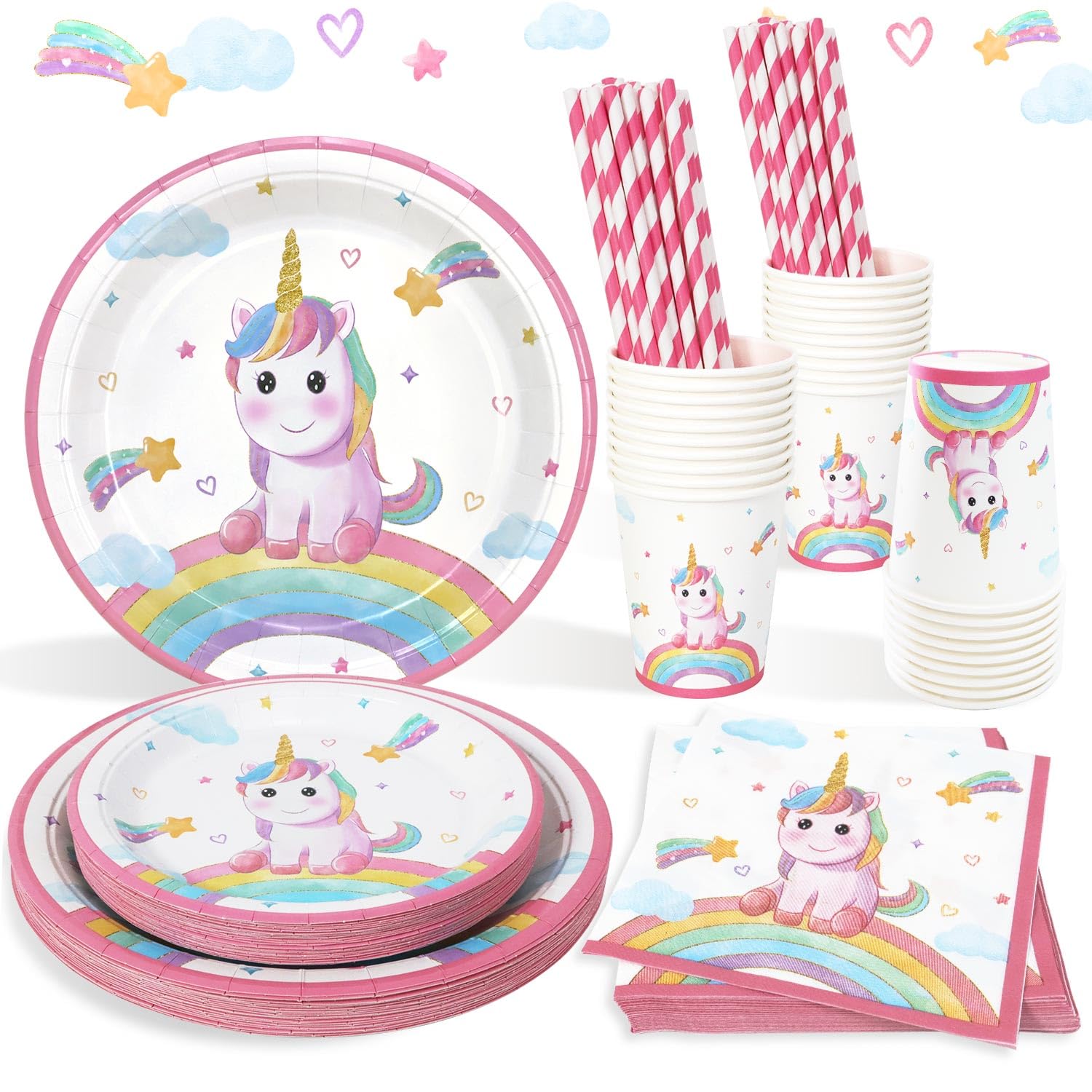 Set Stoviglie Unicorno Compleanno, 125pcs Rosa Decorazioni Unicorno Compleanno Bambina Piatti, Tovaglioli, Cannucce, Tazze per Primo Festa Bimba - 25 Ospiti