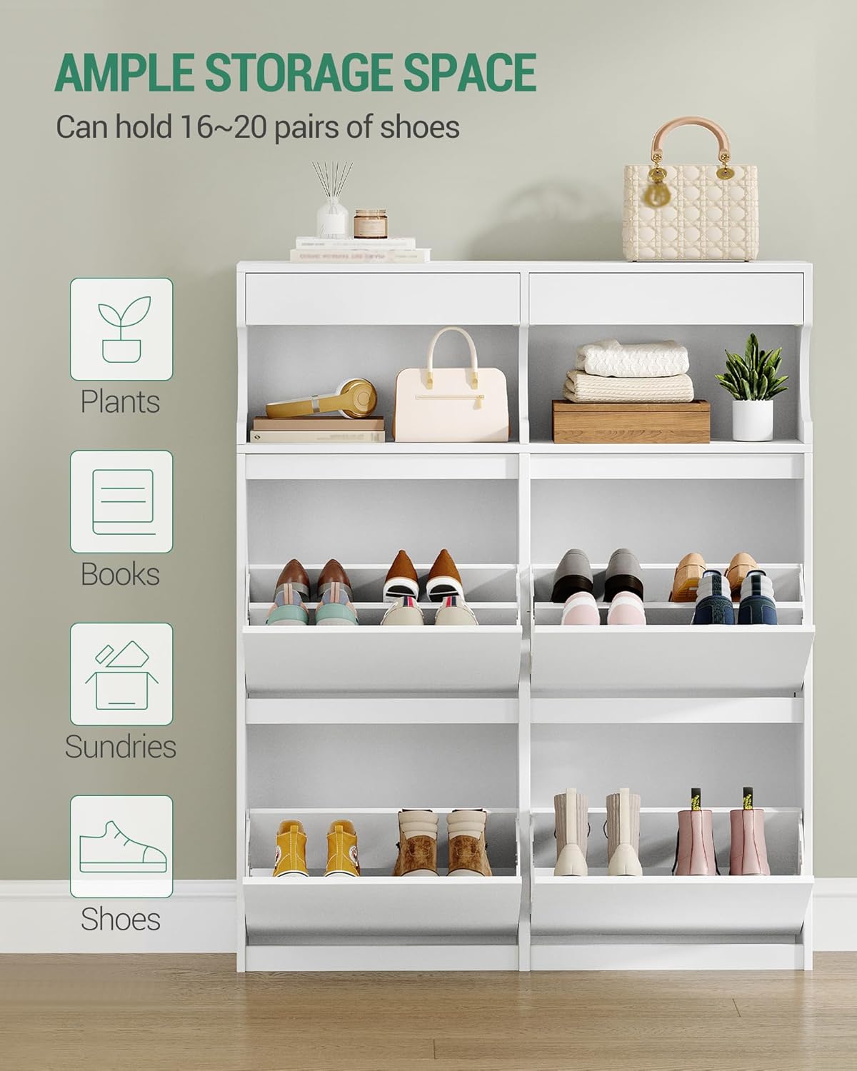 Hzuaneri Shoe Cabinet with 4 Flip Drawers & 2 Top Drawers, Narrow Hidden Shoe Storage Cabinet for Entryway, Freestanding Shoes Organizer with Storage Space, 16-20 Pairs, for Hallway, White SR57603X