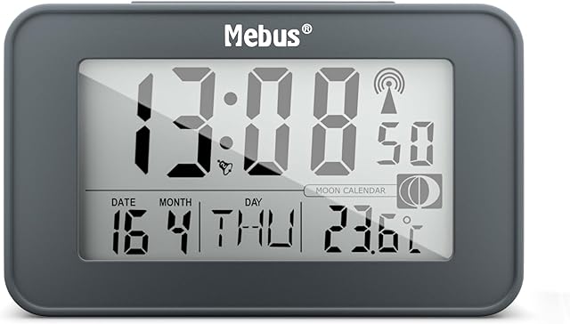 MEBUS digitaler Funk-Wecker mit Mondkalender, Beleuchtung, Innenthermometer, Schlummer-Funktion/Material: Kunststoff/Farbe: Grau/Modell: 51460