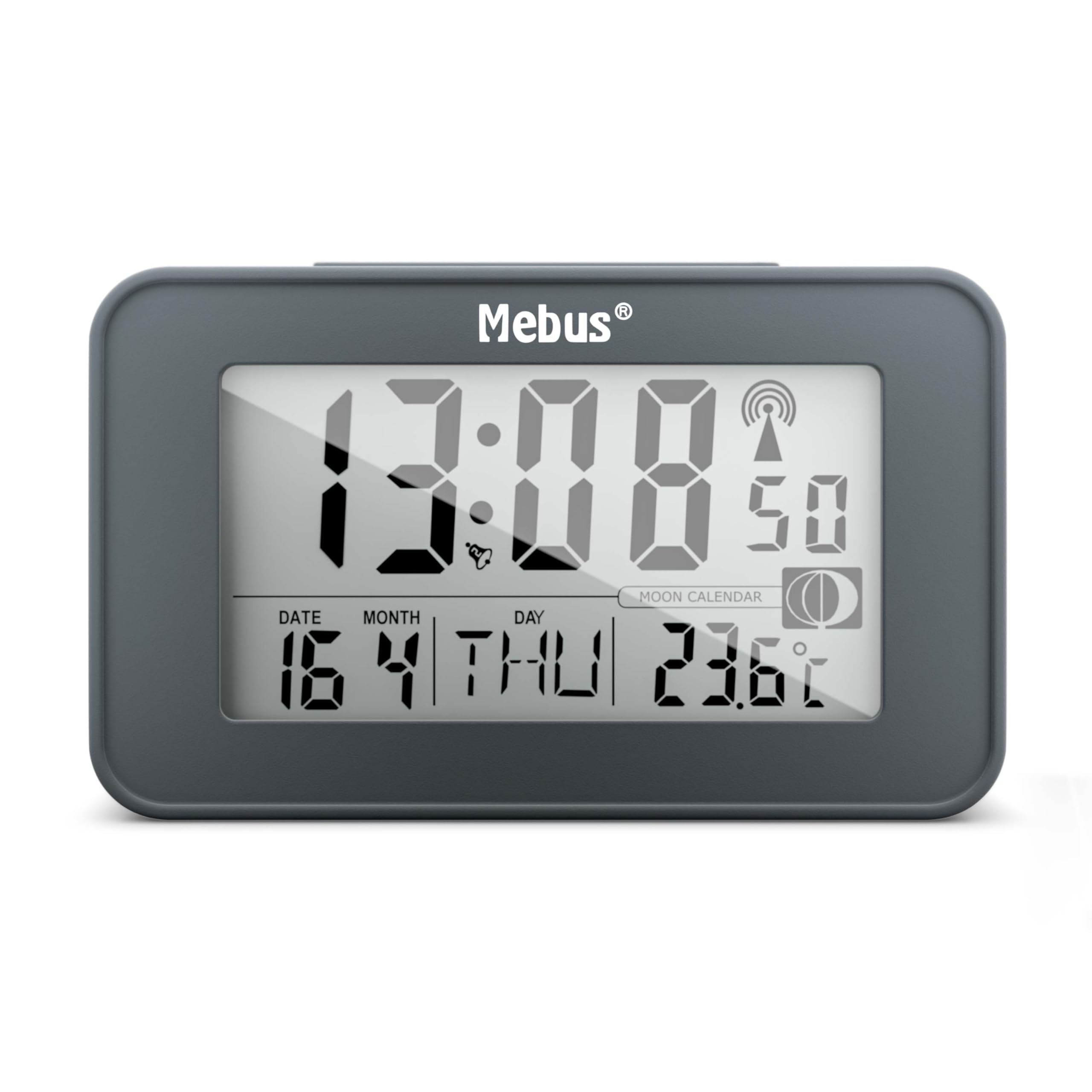 MEBUS digitaler Funk-Wecker mit Mondkalender, Beleuchtung, Innenthermometer, Schlummer-Funktion/Material: Kunststoff/Farbe: Grau/Modell: 51460