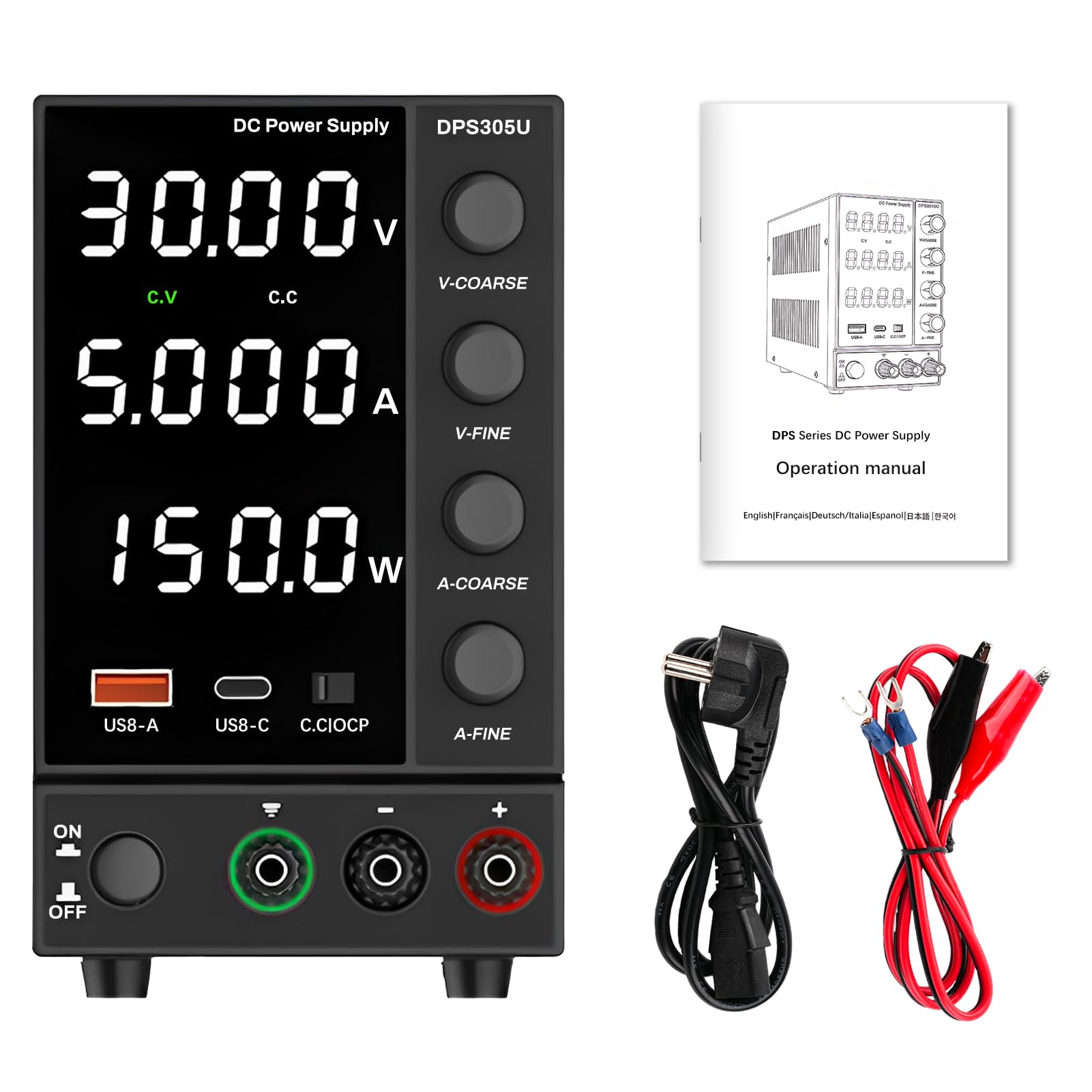 Alimentatore da banco 30V 0-5A Alimentatore da laboratorio CC Alimentatore regolabile 0-30V Potenza di uscita 150W Ricarica rapida USB-A/Type-C Display LED a 4 cifre Protezione OCP (DPS305U)