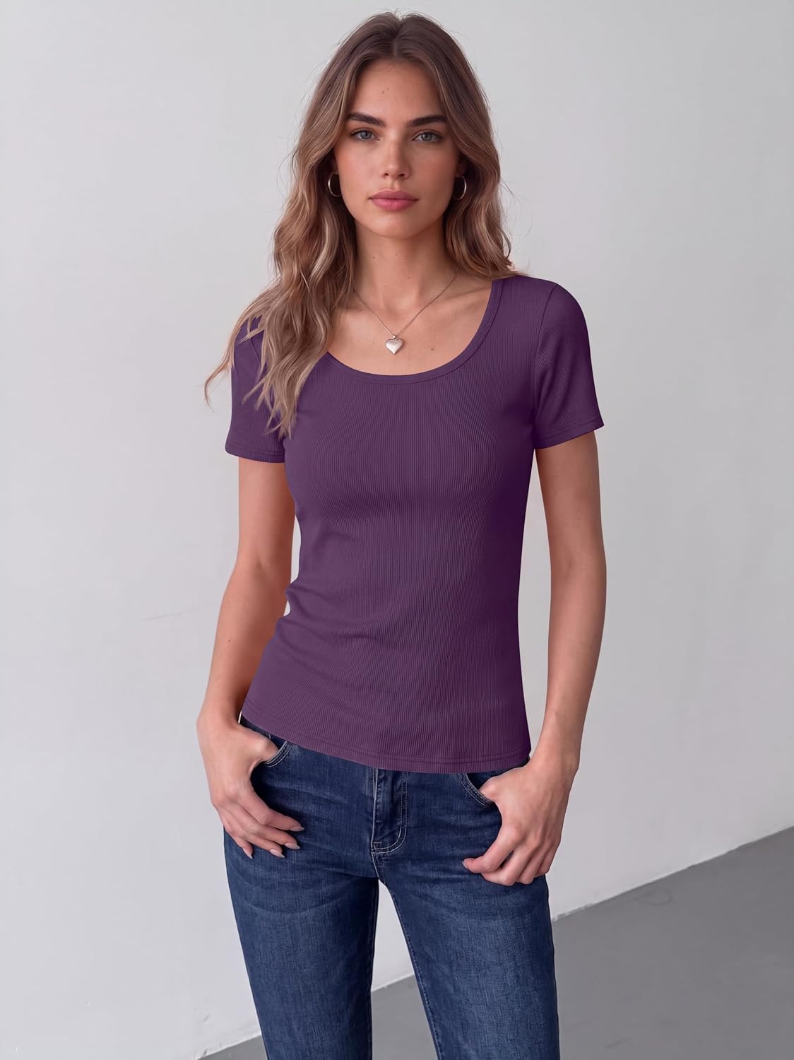Zeagoo Womens Tops Short Sleeve Scoop Neck Shirts Ribbed Knit Fitted Basic Tees Casual Summer Work Clothes thumbnail