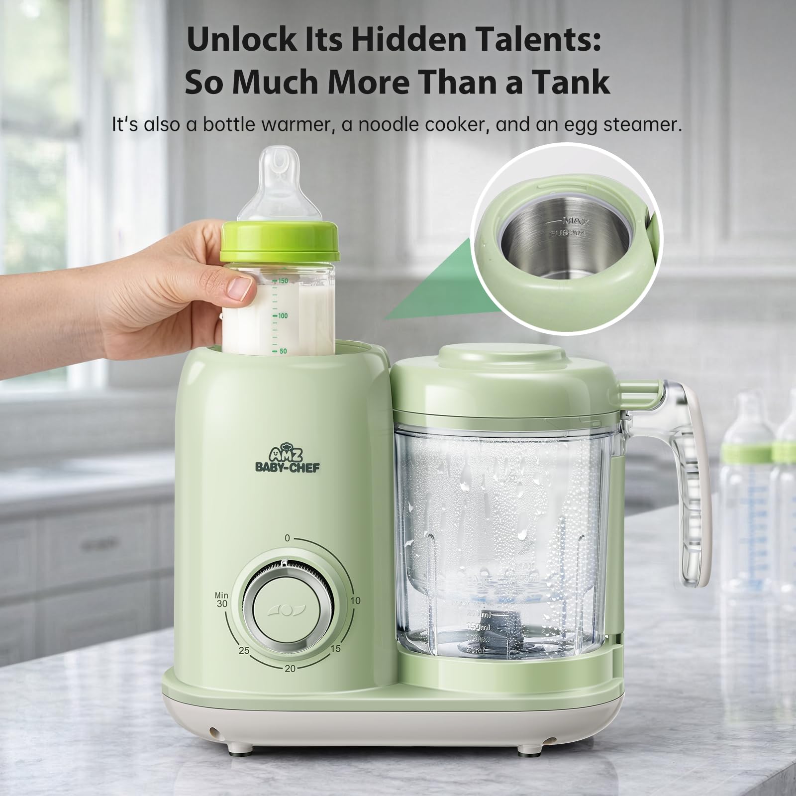 AMZBABYCHEF Máquina de alimentos para bebés, procesador de alimentos para bebés 4 en 1 y vaporizador, licuadora de puré, máquina multifuncional para puré de bebé, apta para lavavajillas (verde)