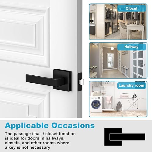 Miniatura 6 de Paquete de 2 manijas de puerta de paso, pomos de puerta color negro mate, manijas de puerta cuadradas interiores, manijas resistentes sin bloqueo,