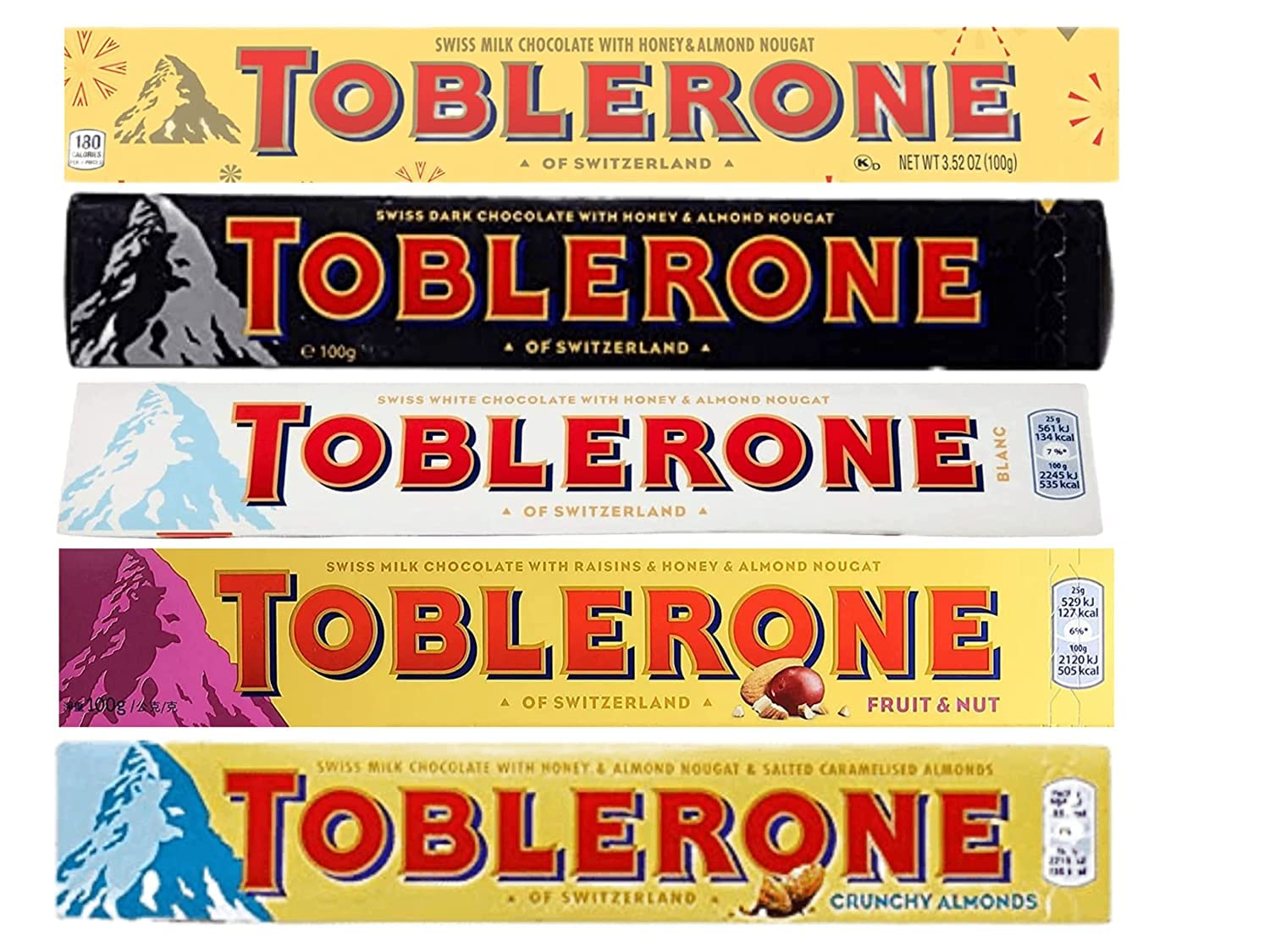 Toblerone of Switzerland Combo Chocolate Bars (Swiss Milk, Swiss Dark, Swiss White, Swiss Fruit & Nut Swiss Crunchy Almond),Pack of 5 (100 grams Each) (B0C3RSBD1V) Amazon Price History, Amazon Price Tracker