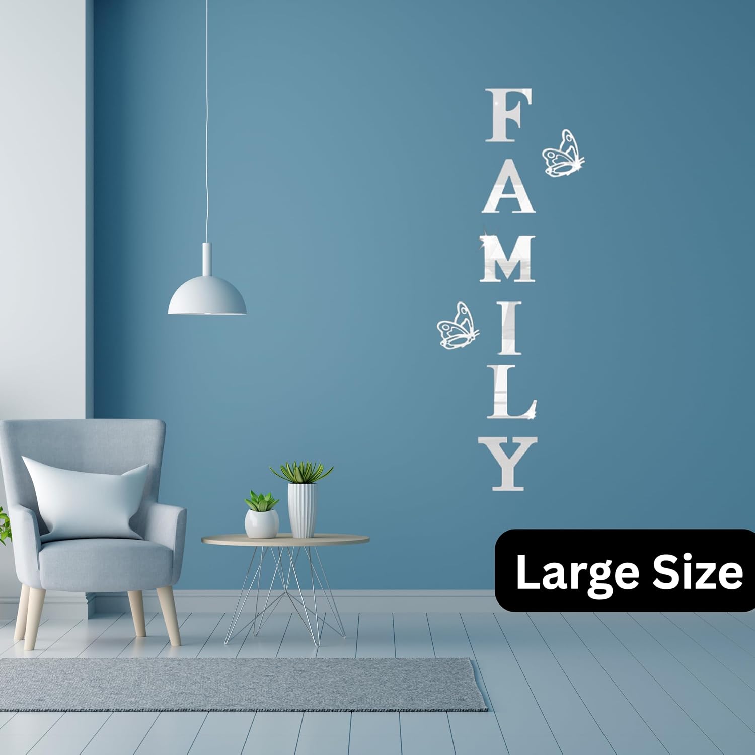 Family Word Letters for Wall Decor, 3D Acrylic Mirror Wall Decal Stickers Family Letter Quotes for Living Room Home Decor (Silver (Both Butterfly Facing on Right), Large)